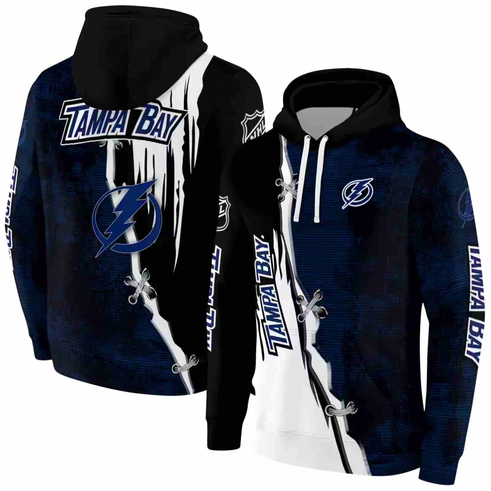 tampa bay lightning ripped pattern blue black white hoodie fashion forward