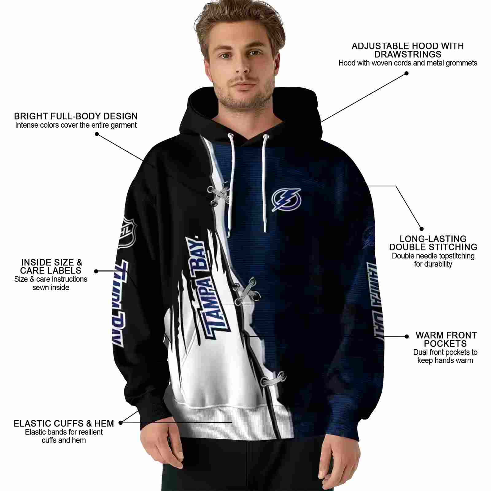 tampa bay lightning ripped pattern blue black white hoodie latest model