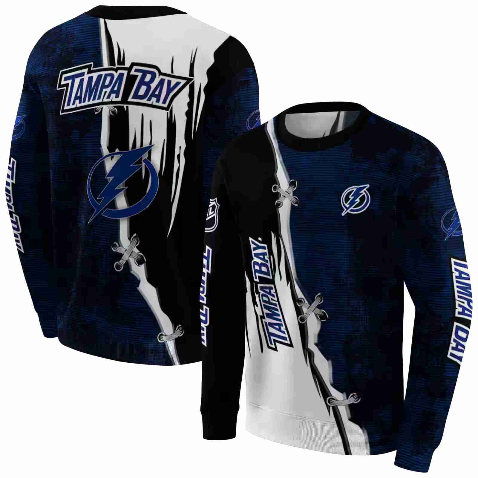 tampa bay lightning ripped pattern blue black white hoodie premium grade