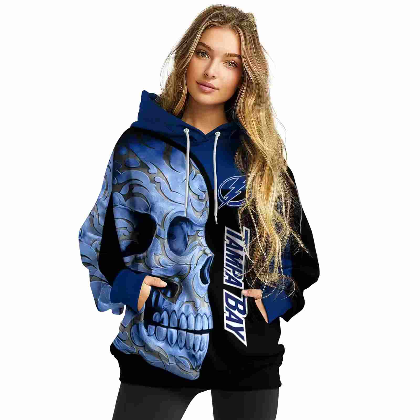 tampa bay lightning skull motif blue black hoodie high quality