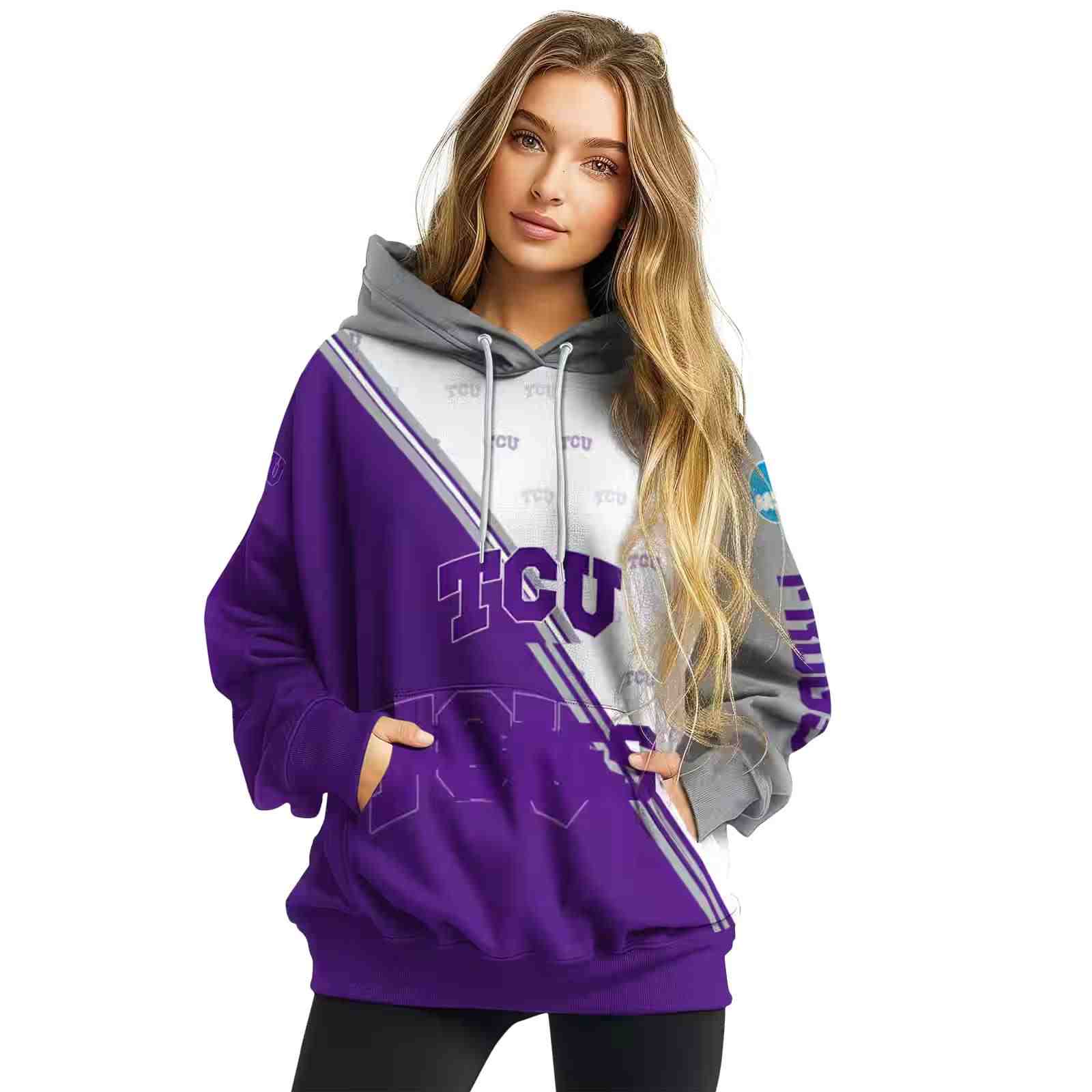 tcu horned frogs diagonal stripe purple white hoodie high quality