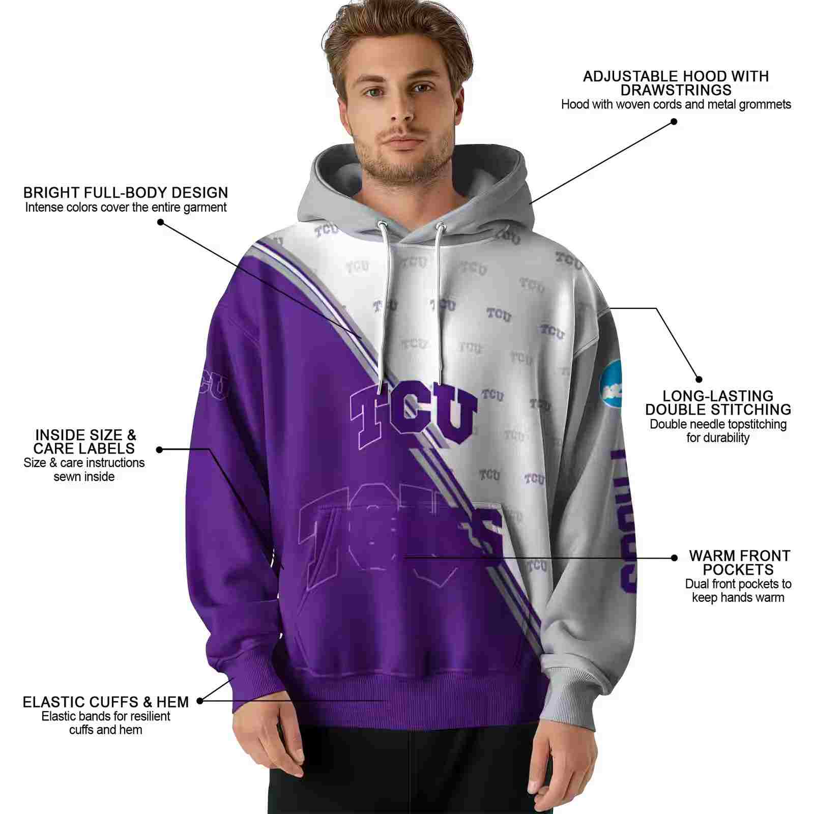 tcu horned frogs diagonal stripe purple white hoodie latest model