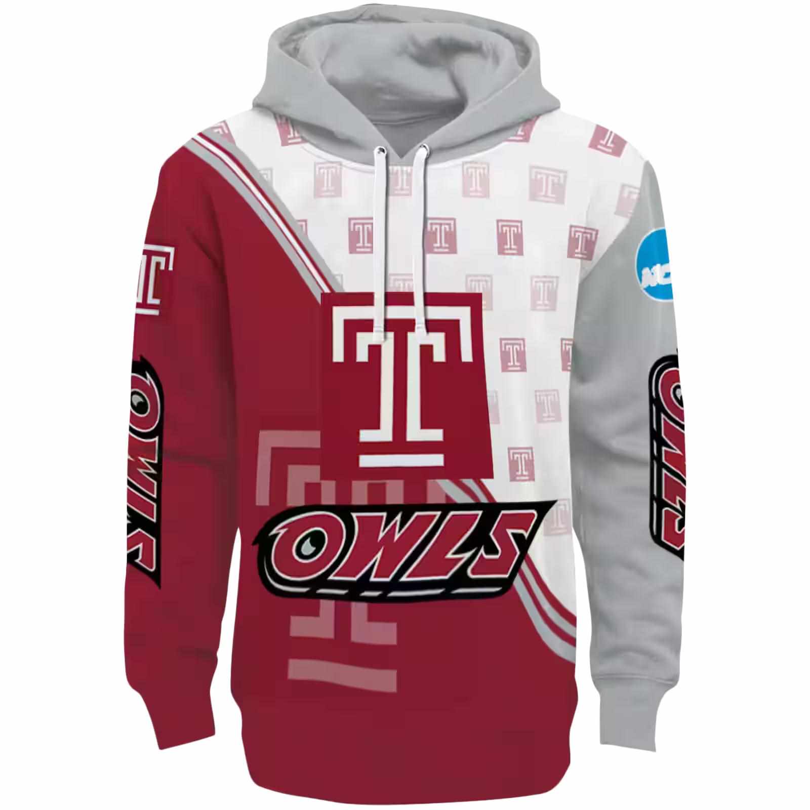 Temple Owls Diagonal Stripe Red White Hoodie