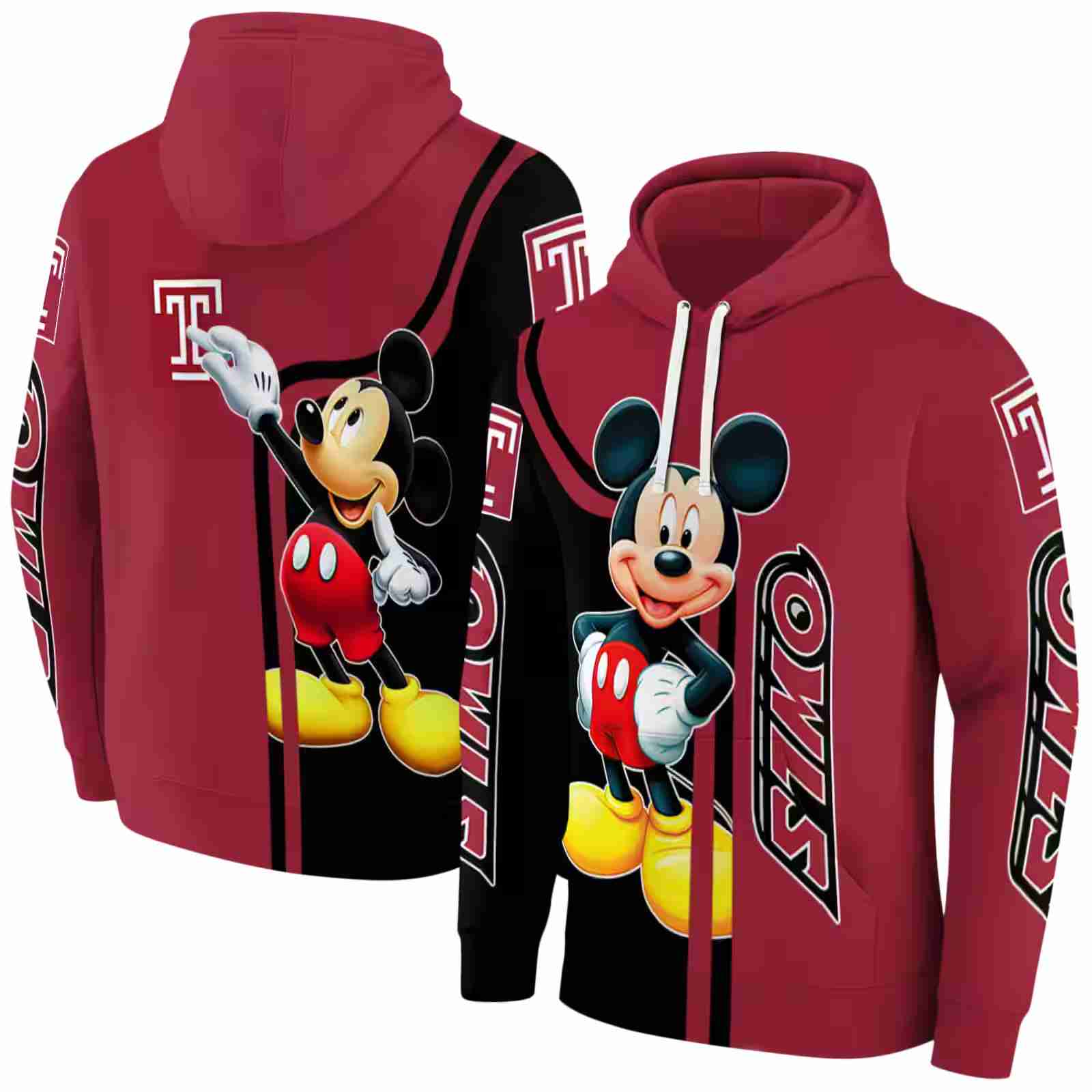 temple owls mickey mouse red black hoodie fashion forward