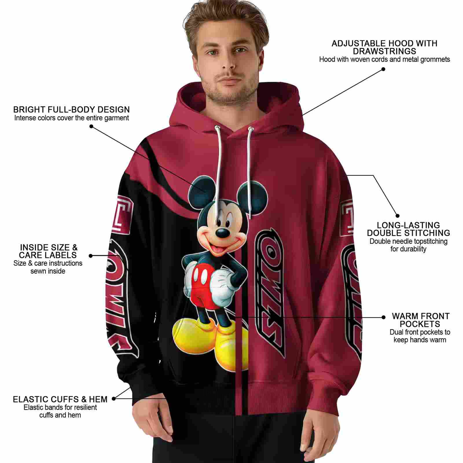 temple owls mickey mouse red black hoodie latest model