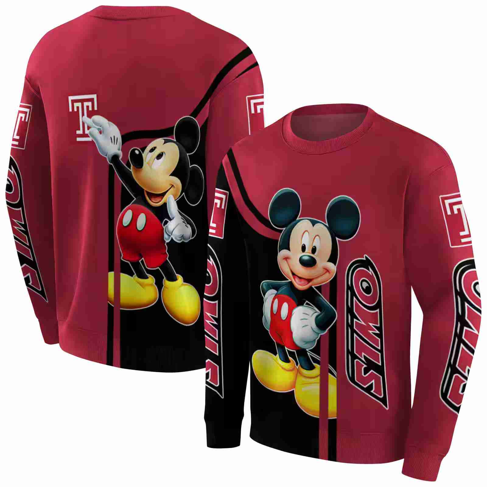 temple owls mickey mouse red black hoodie premium grade