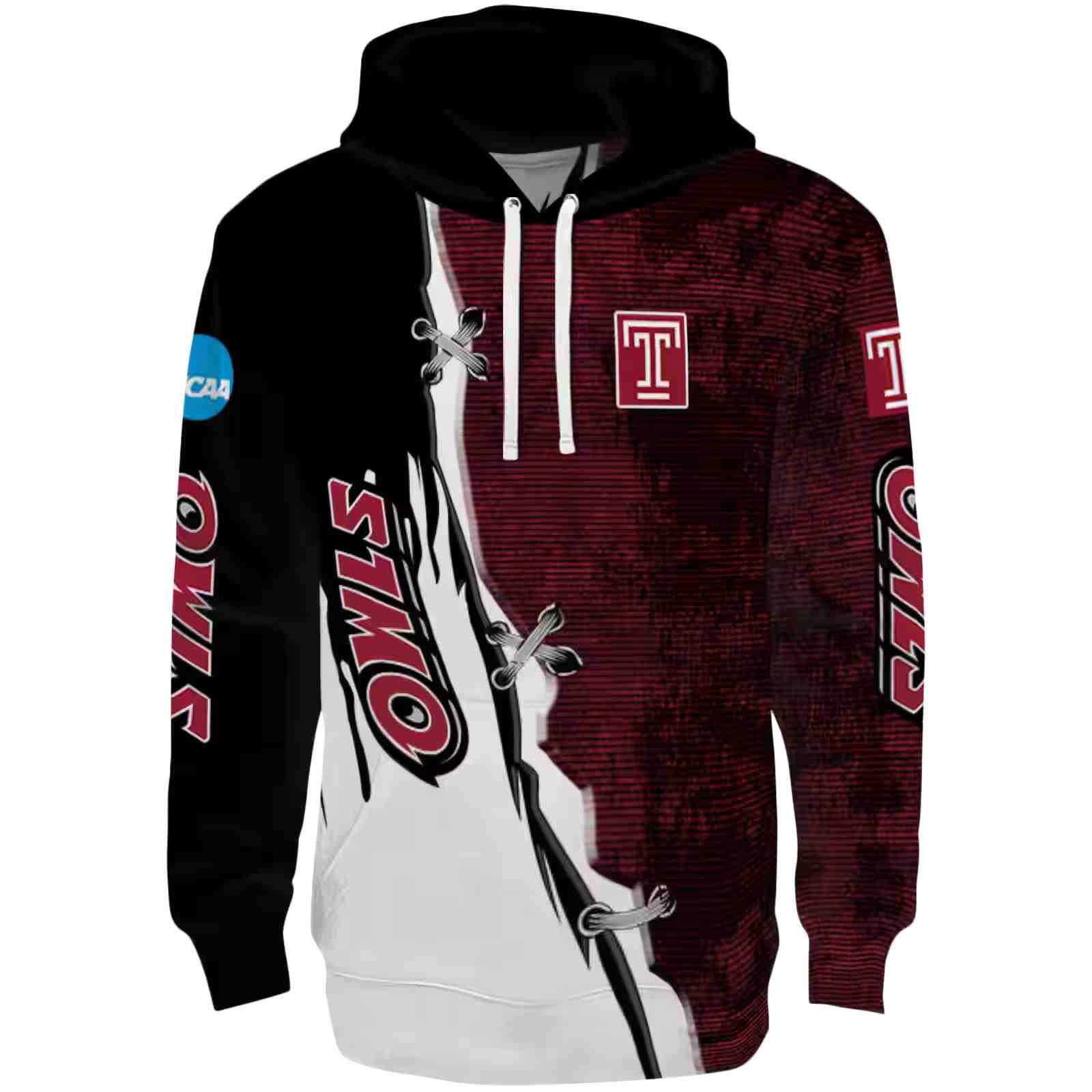 Temple Owls Ripped Pattern Red Black White Hoodie