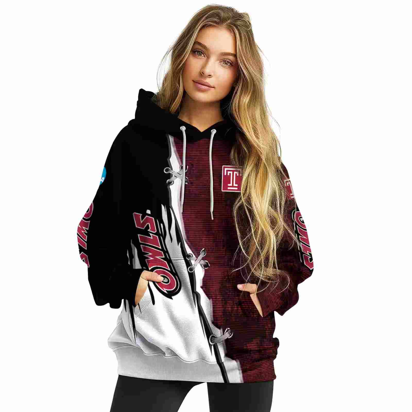 temple owls ripped pattern red black white hoodie high quality