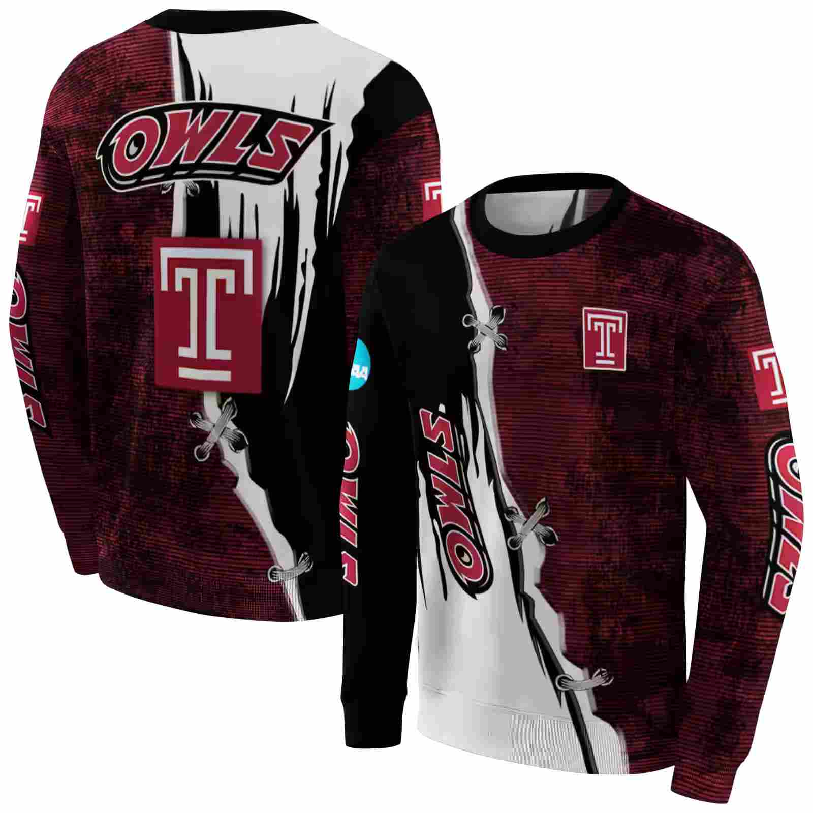 temple owls ripped pattern red black white hoodie premium grade