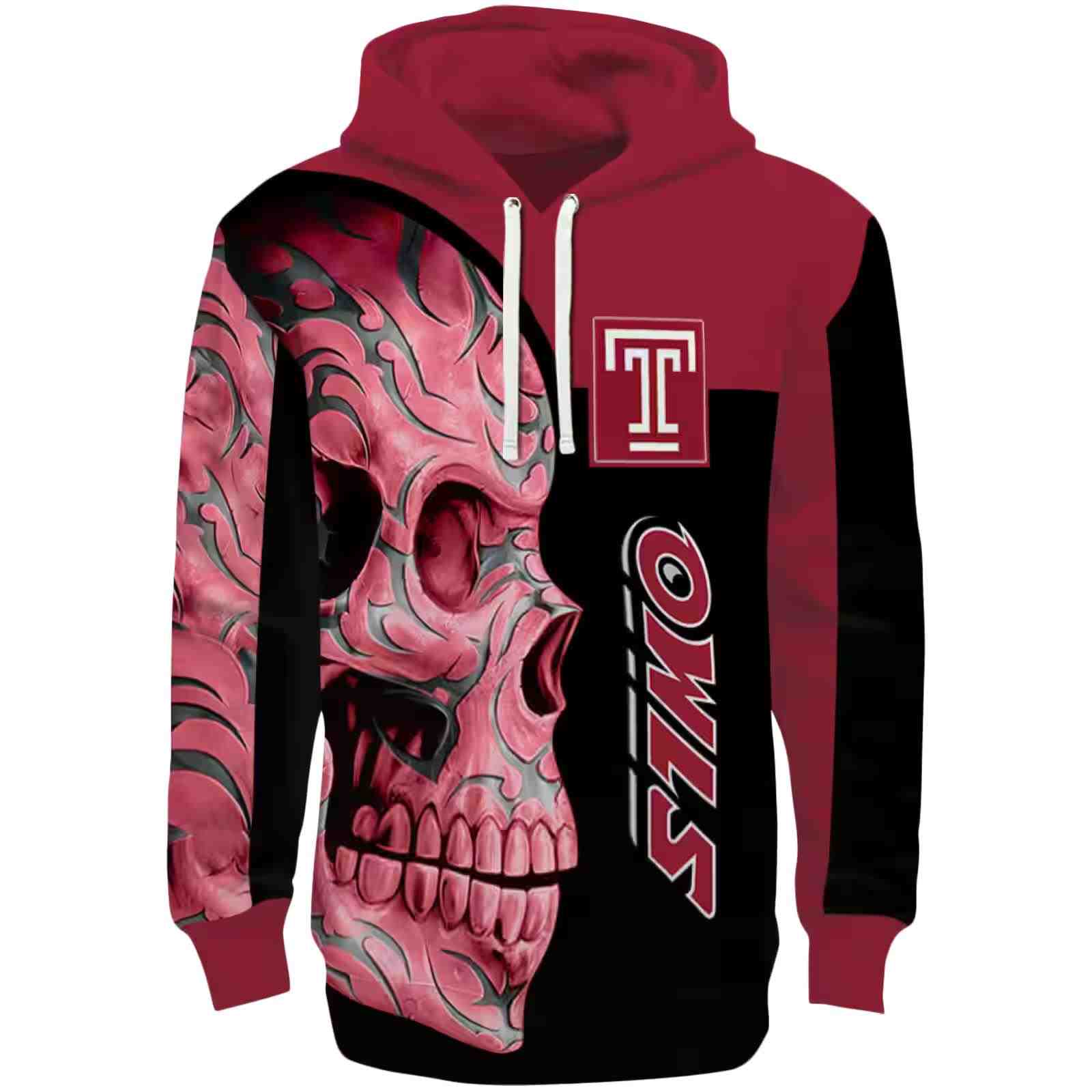 Temple Owls Skull Motif Red Black Hoodie