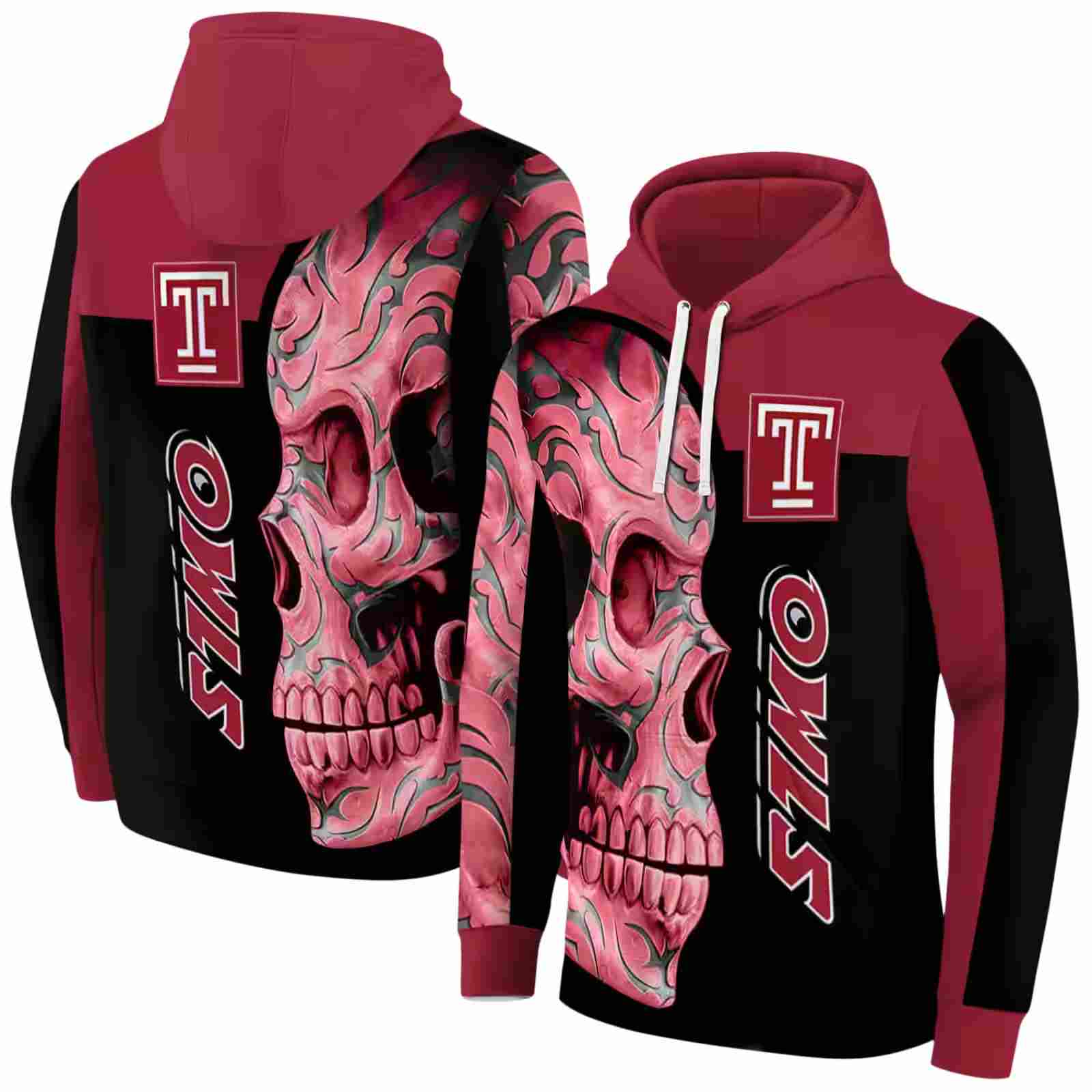 temple owls skull motif red black hoodie fashion forward