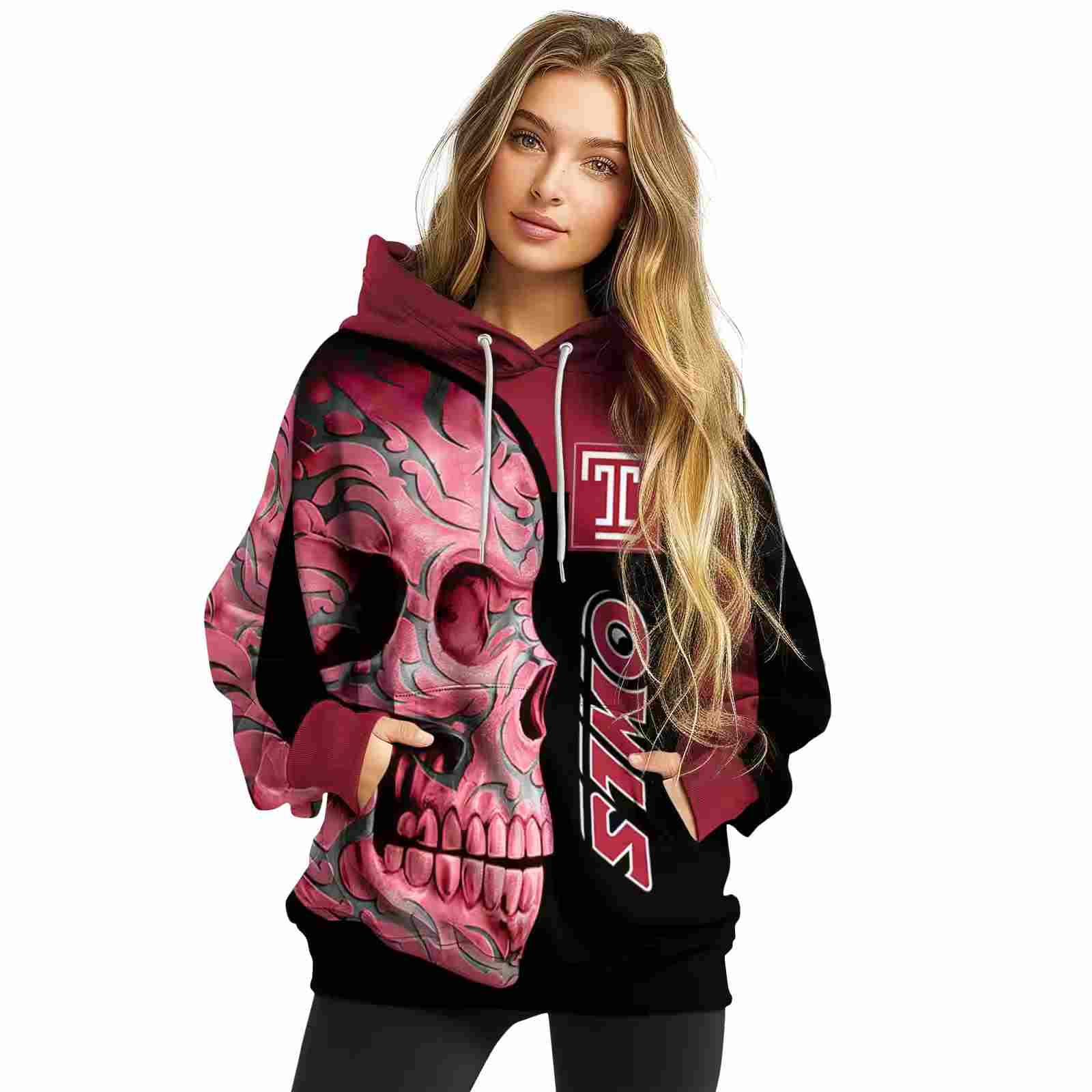 temple owls skull motif red black hoodie high quality