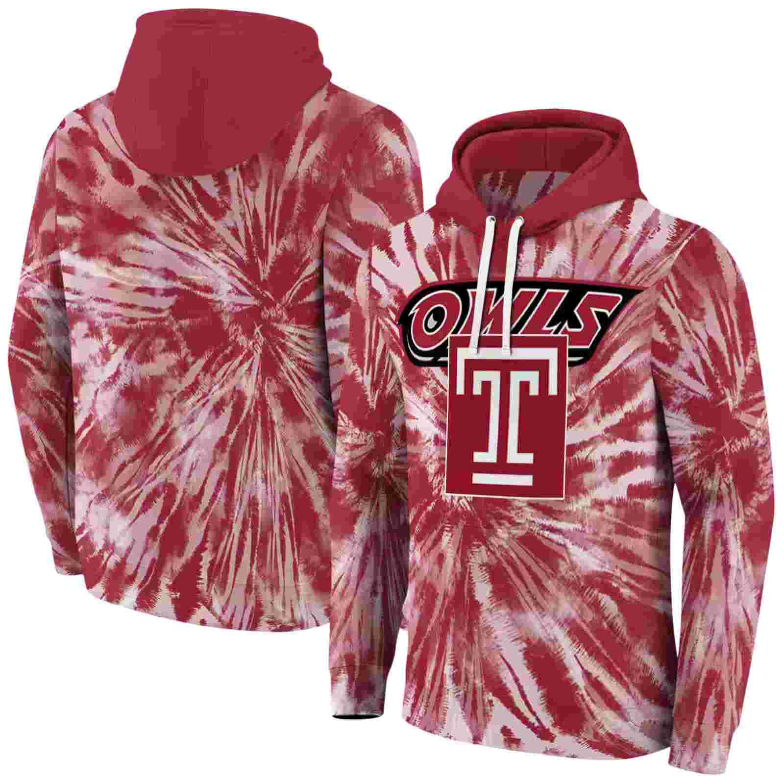 temple owls tie dye pattern red hoodie fashion forward