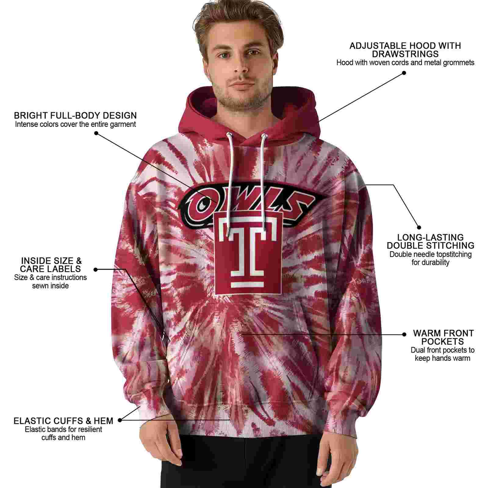 temple owls tie dye pattern red hoodie latest model