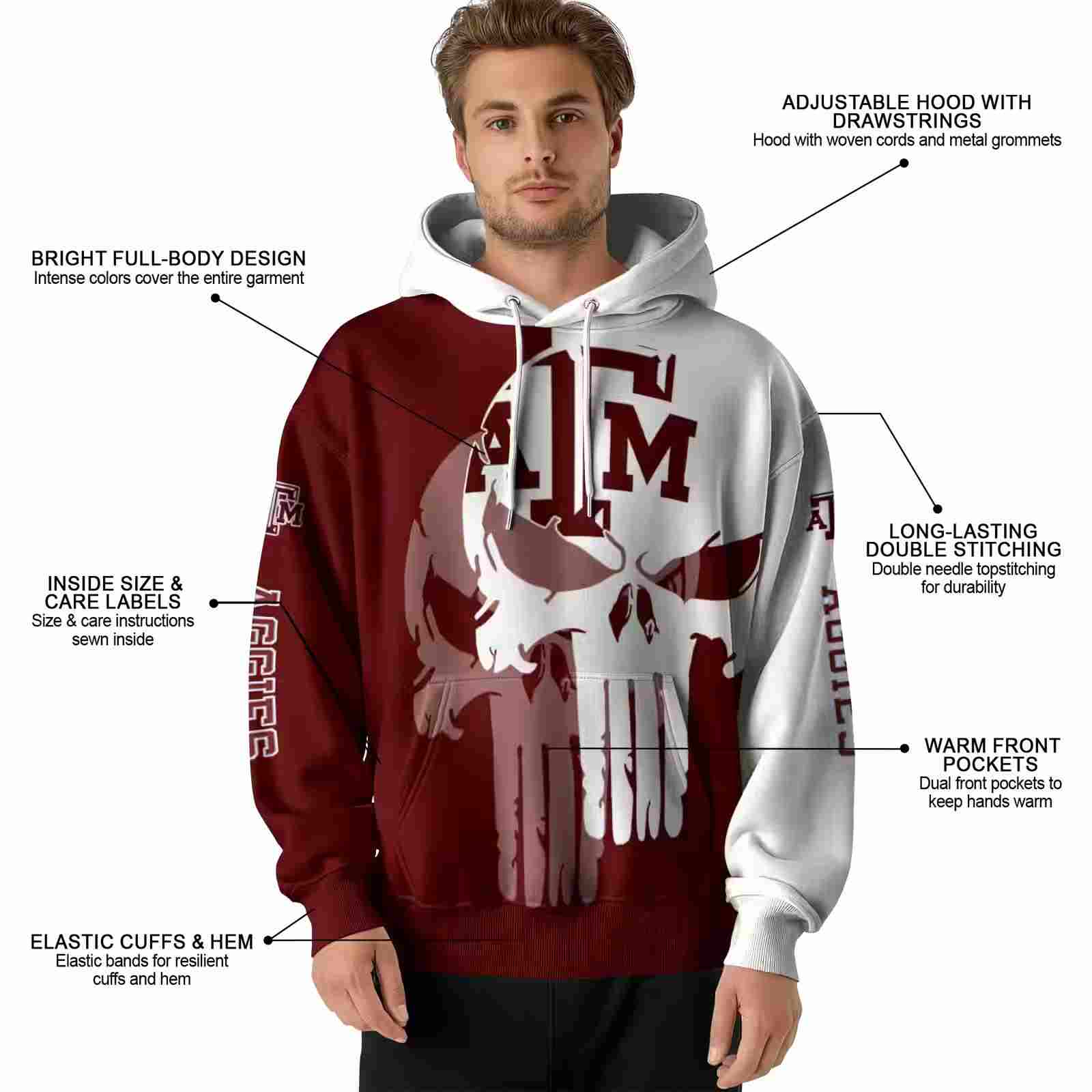 texas am aggies graphic punisher maroon white hoodie latest model