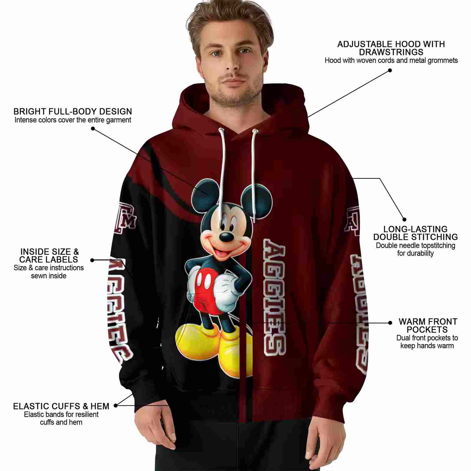 texas am aggies mickey mouse maroon black hoodie latest model