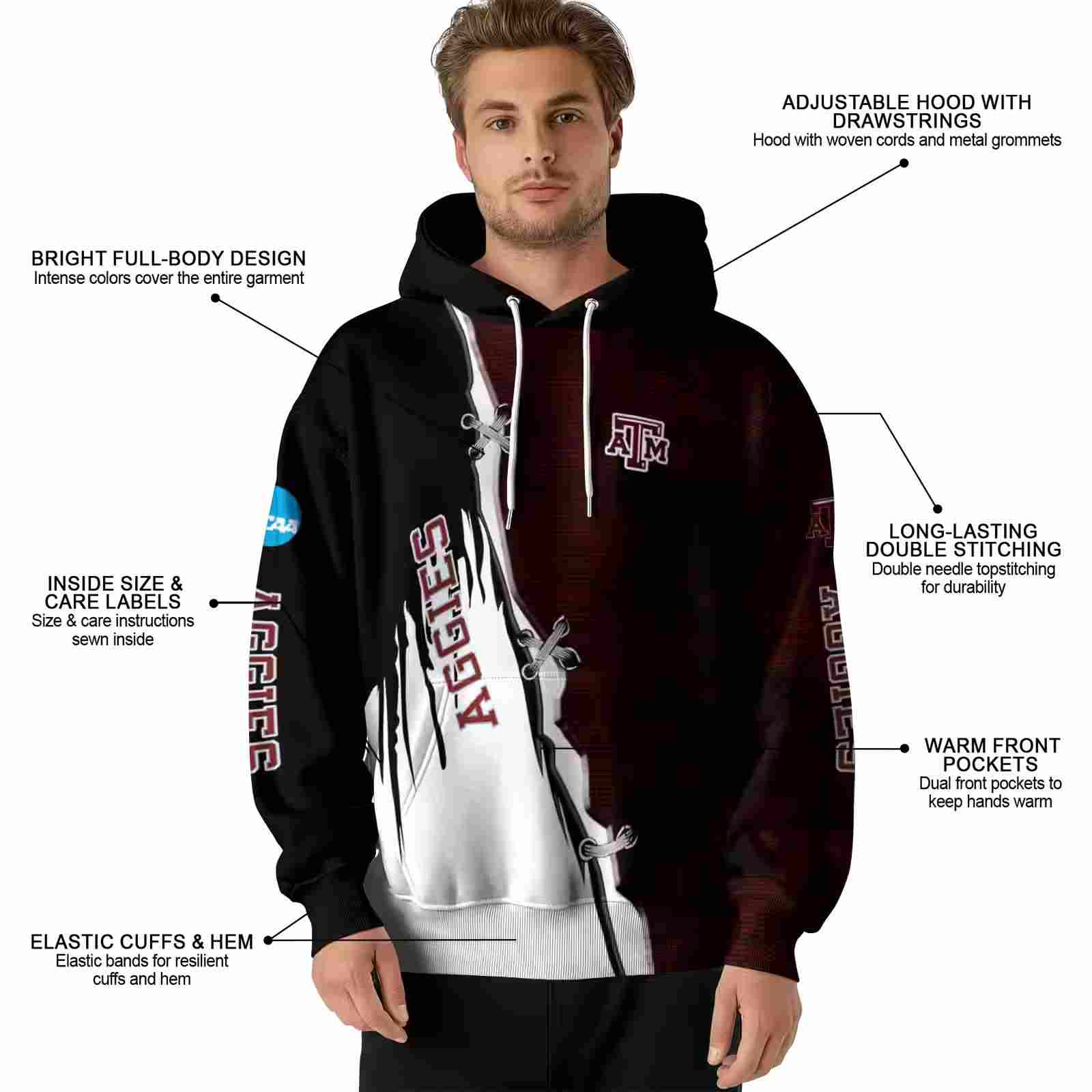 texas am aggies ripped pattern maroon black white hoodie latest model