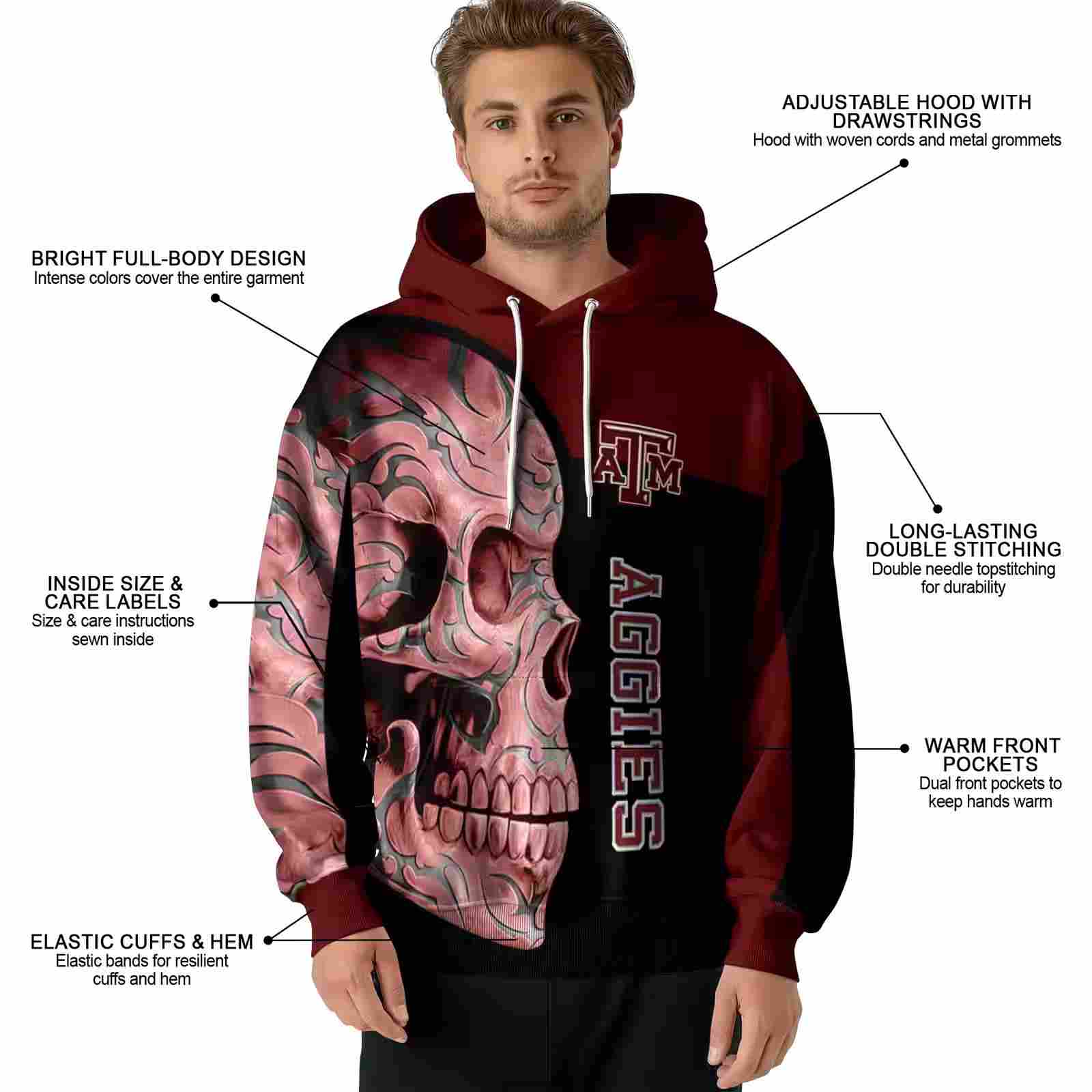 texas am aggies skull motif maroon black hoodie latest model