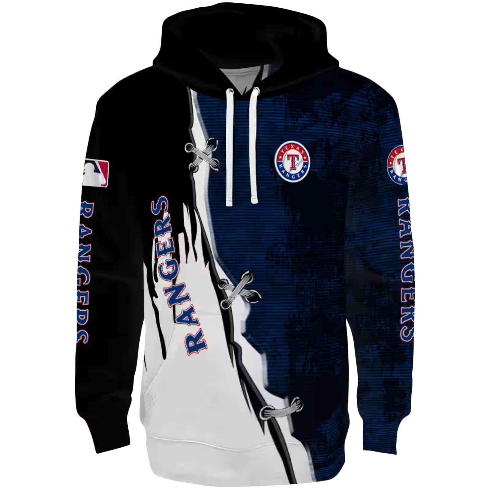 Texas Rangers Ripped Pattern Blue Black White Hoodie