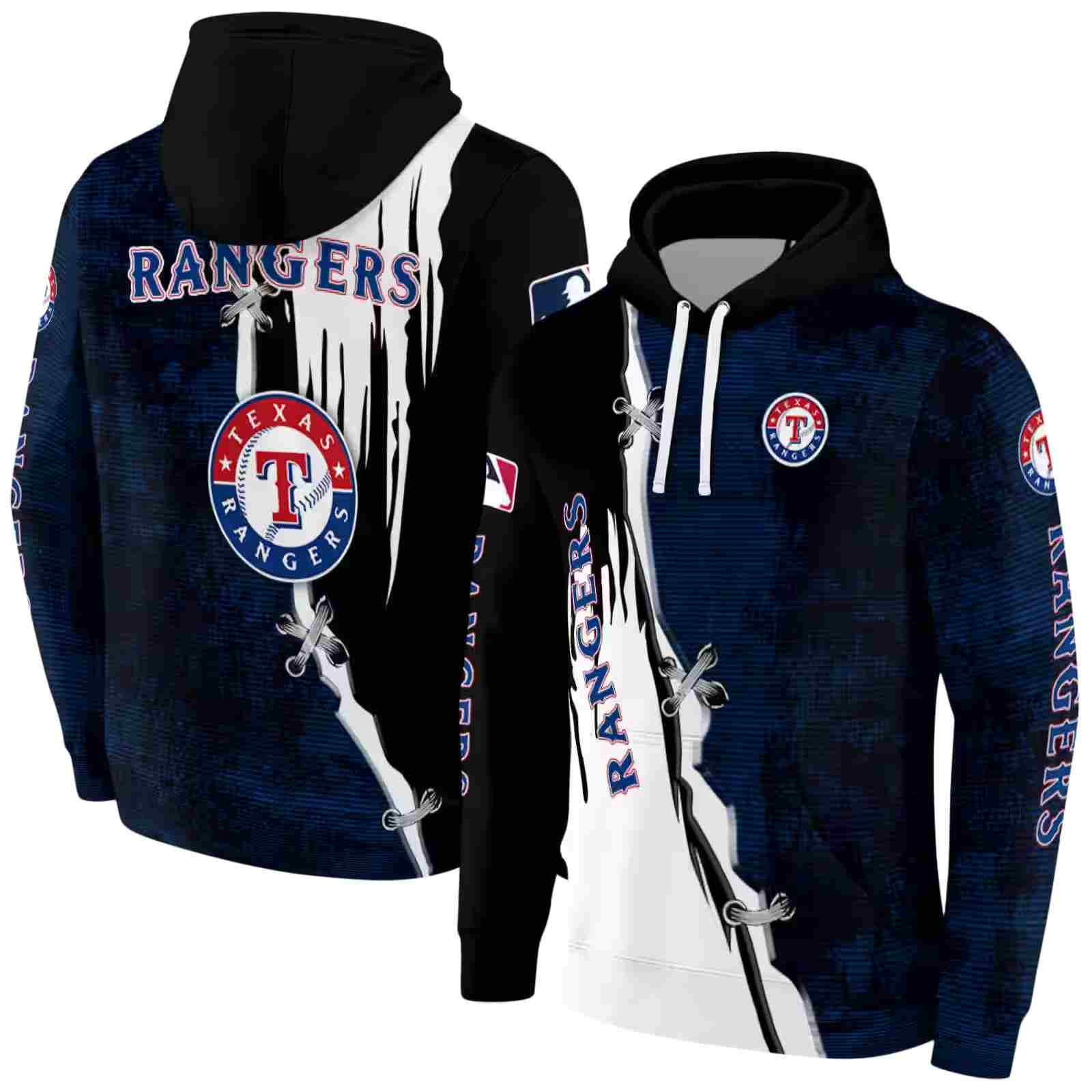 texas rangers ripped pattern blue black white hoodie fashion forward