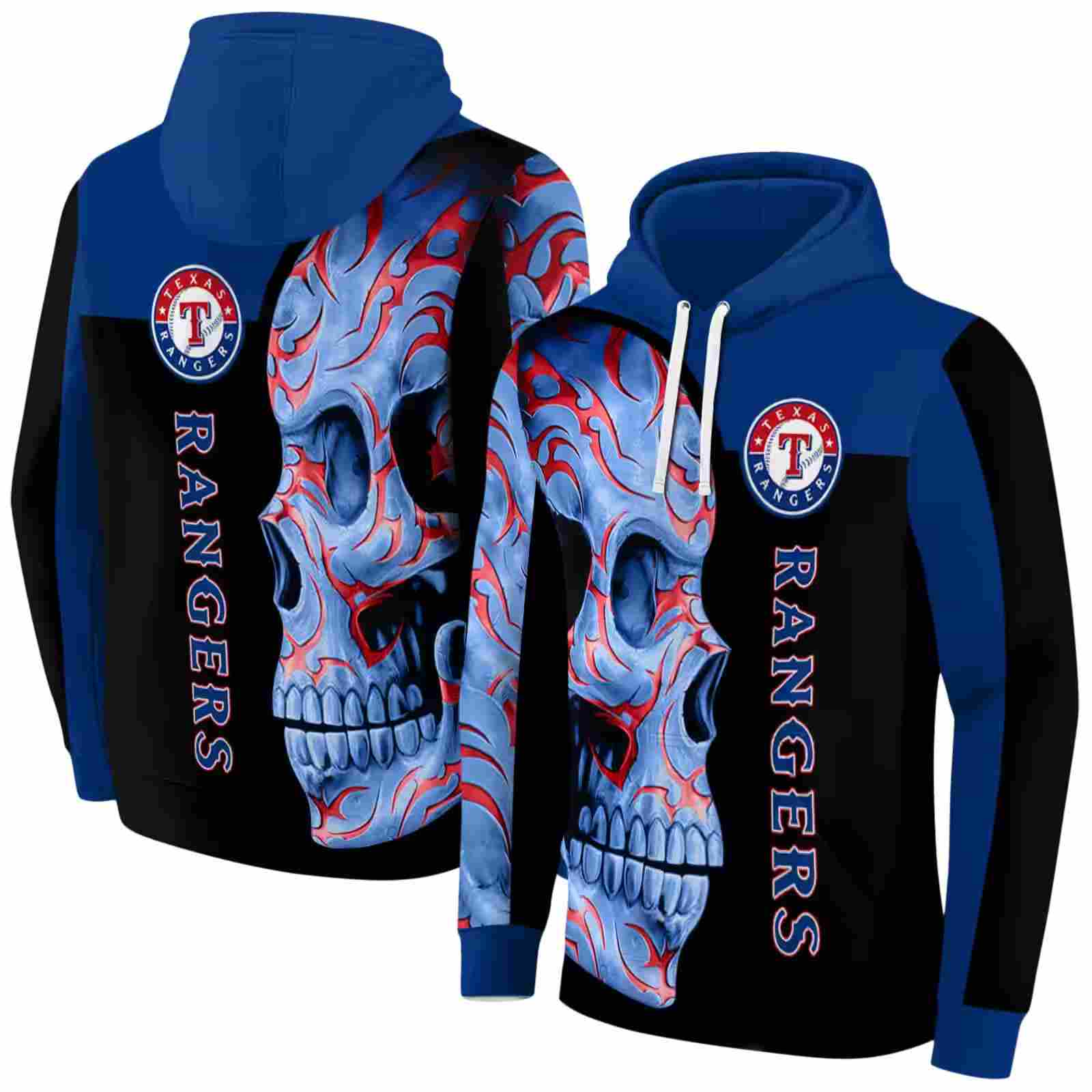 texas rangers skull motif blue black hoodie fashion forward