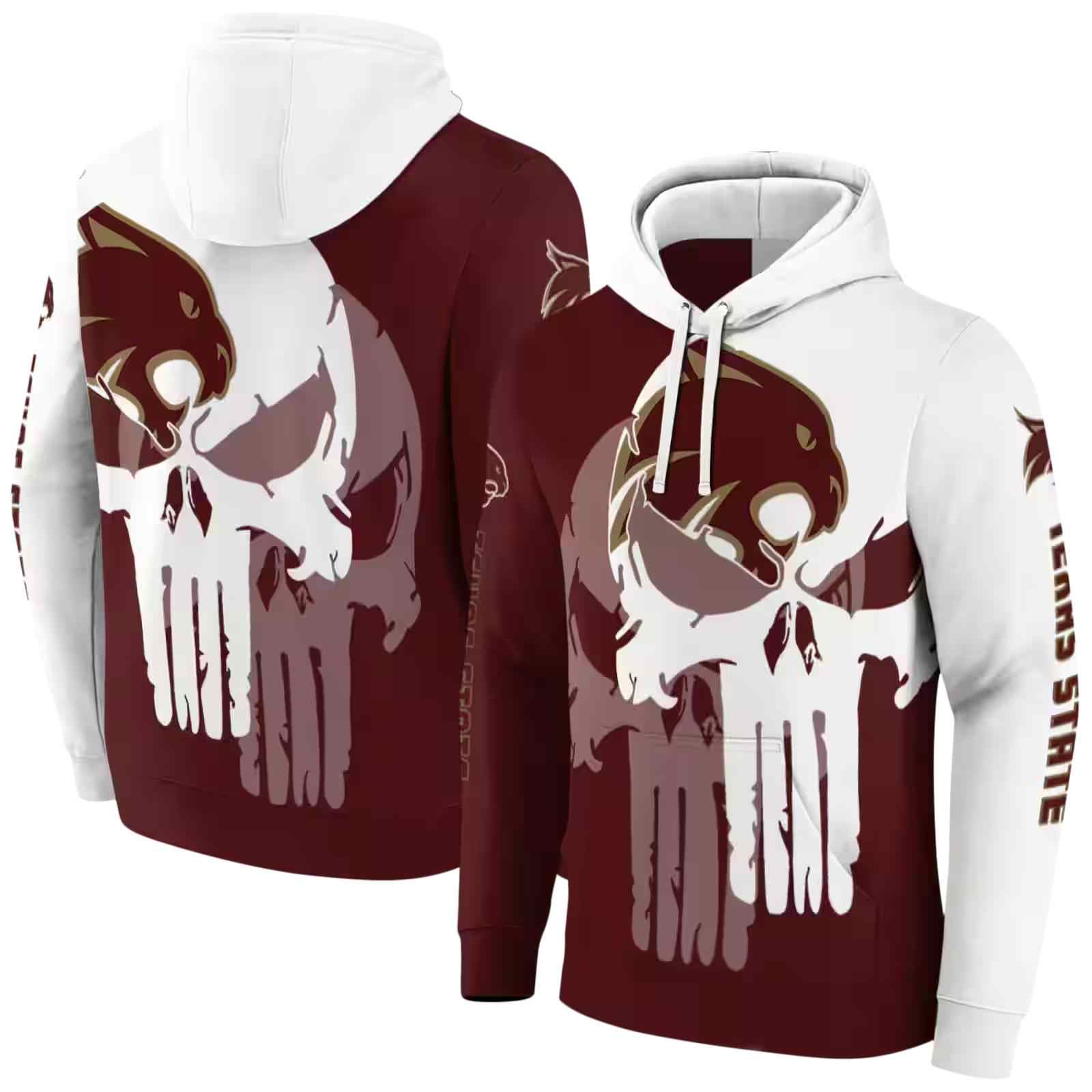 texas state bobcats graphic punisher maroon white hoodie fashion forward