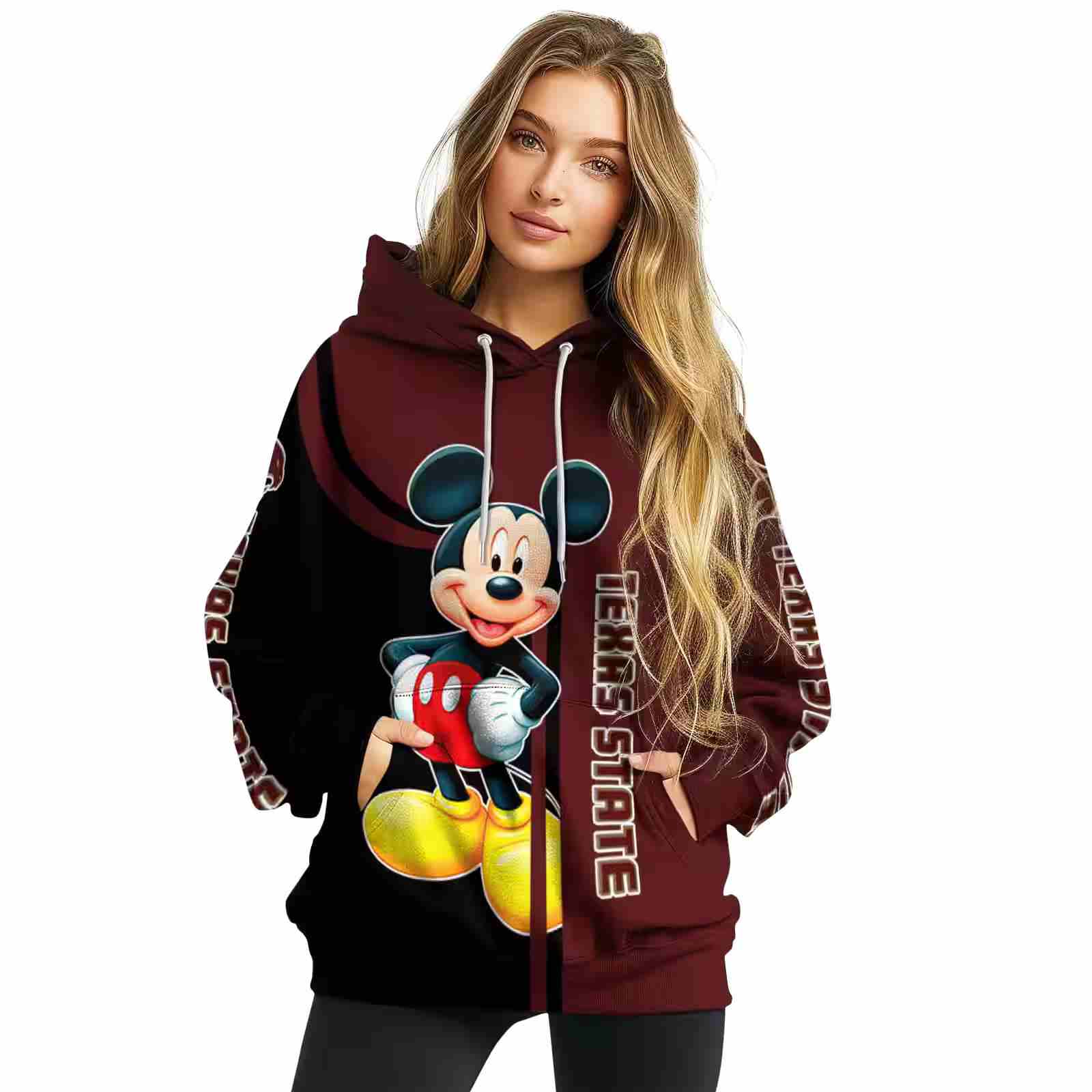 texas state bobcats mickey mouse maroon black hoodie high quality