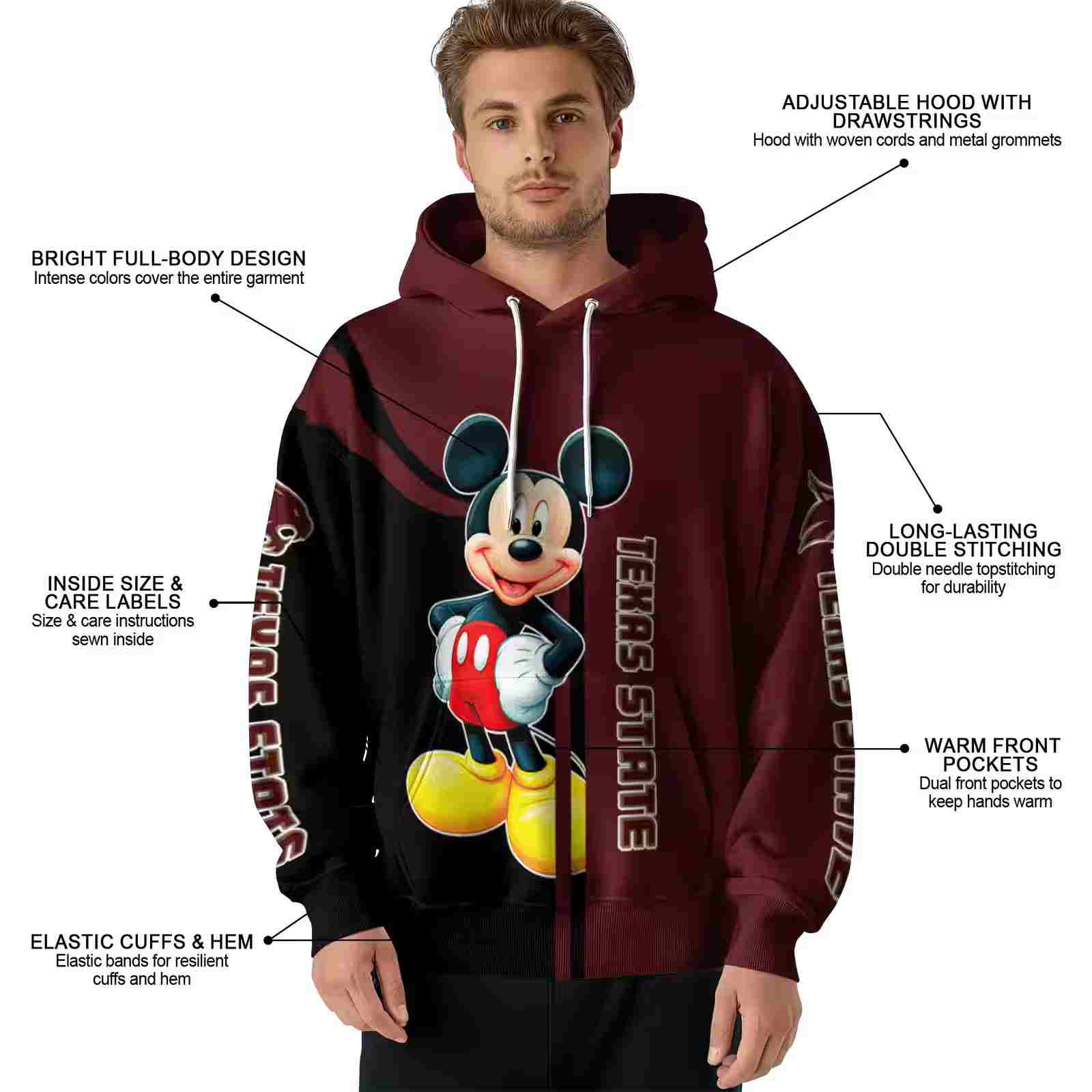 texas state bobcats mickey mouse maroon black hoodie latest model