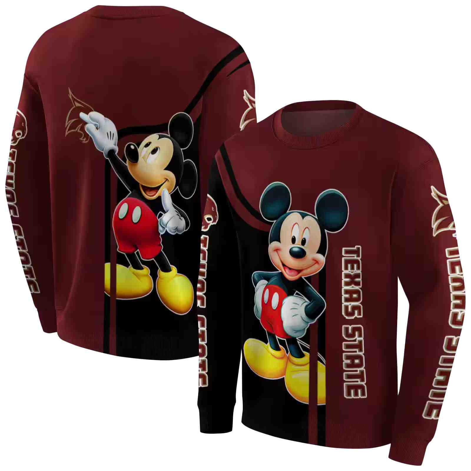 texas state bobcats mickey mouse maroon black hoodie premium grade