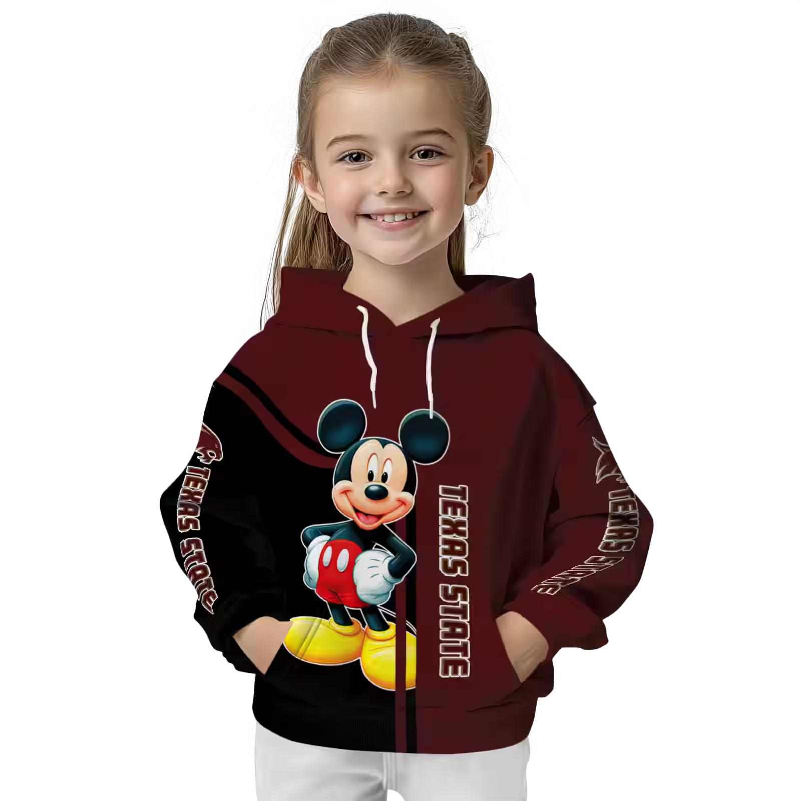 texas state bobcats mickey mouse maroon black hoodie top rated