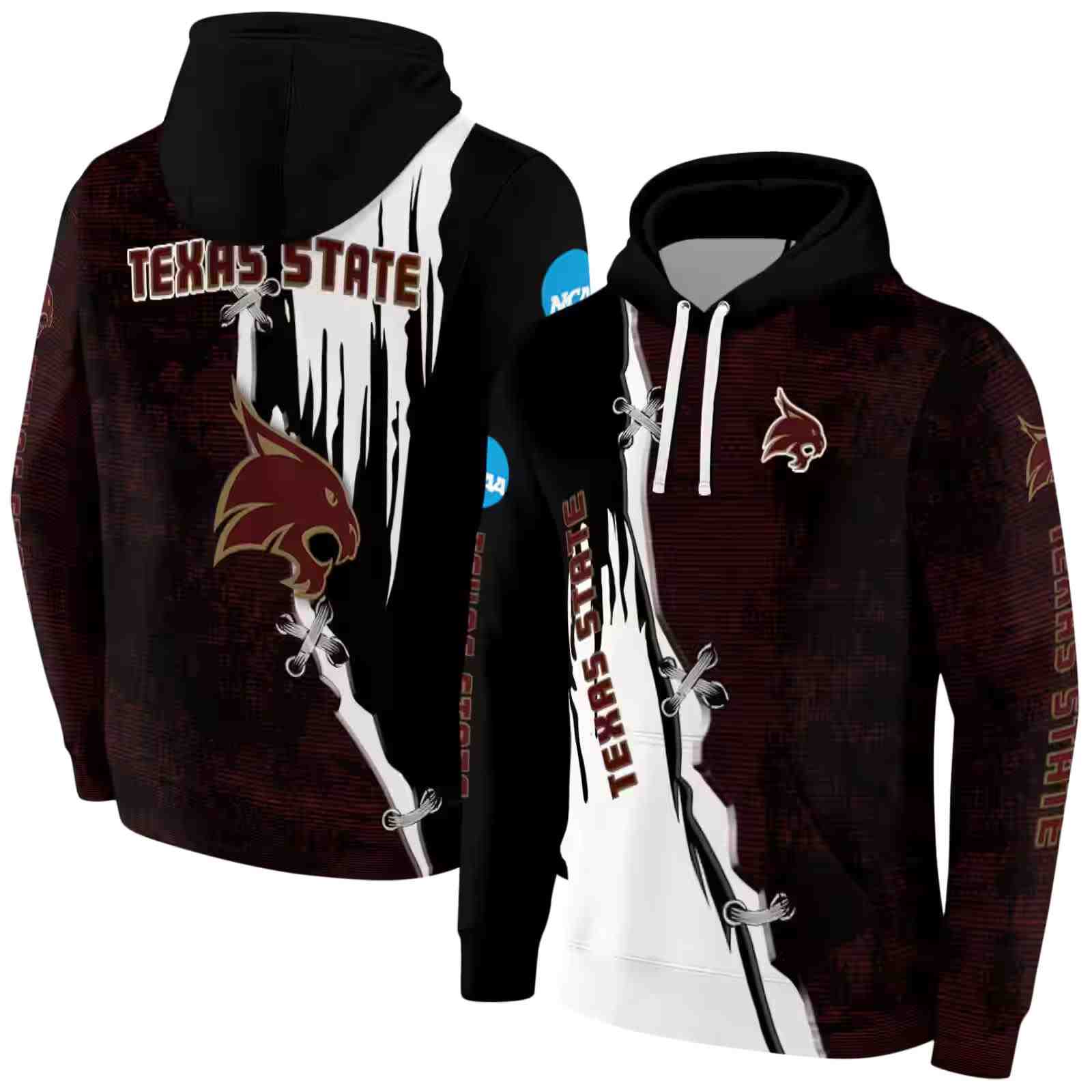 texas state bobcats ripped pattern maroon black white hoodie fashion forward