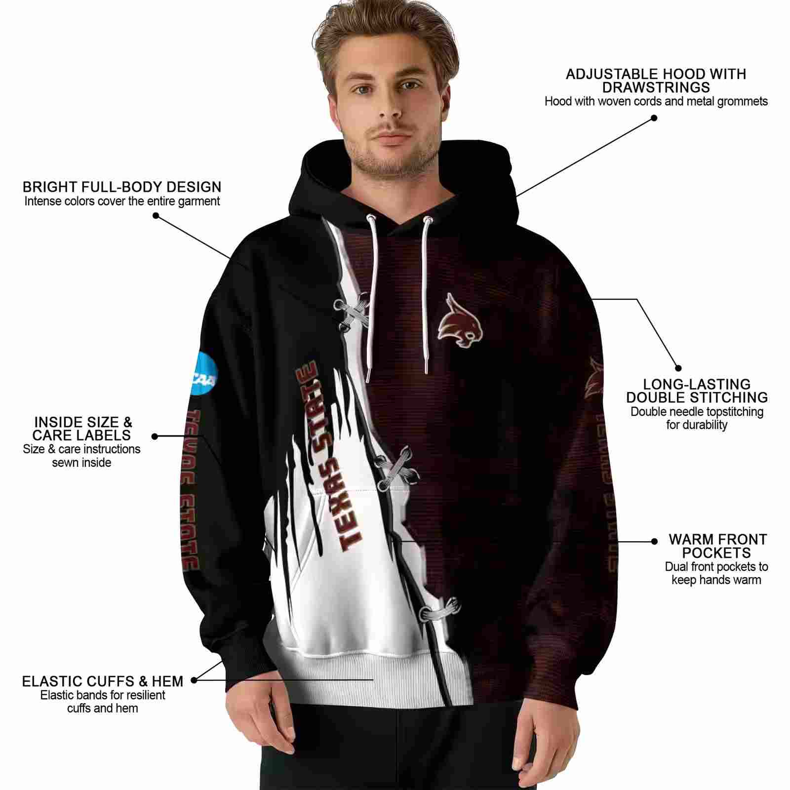 texas state bobcats ripped pattern maroon black white hoodie latest model