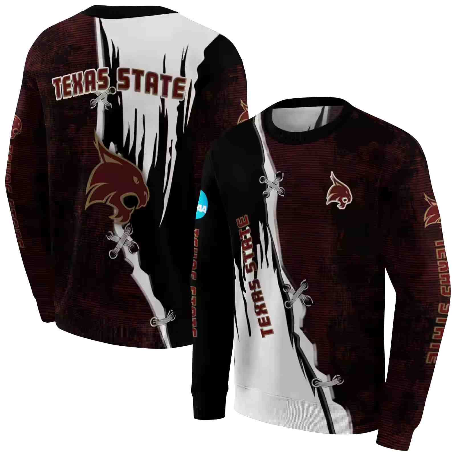 texas state bobcats ripped pattern maroon black white hoodie premium grade