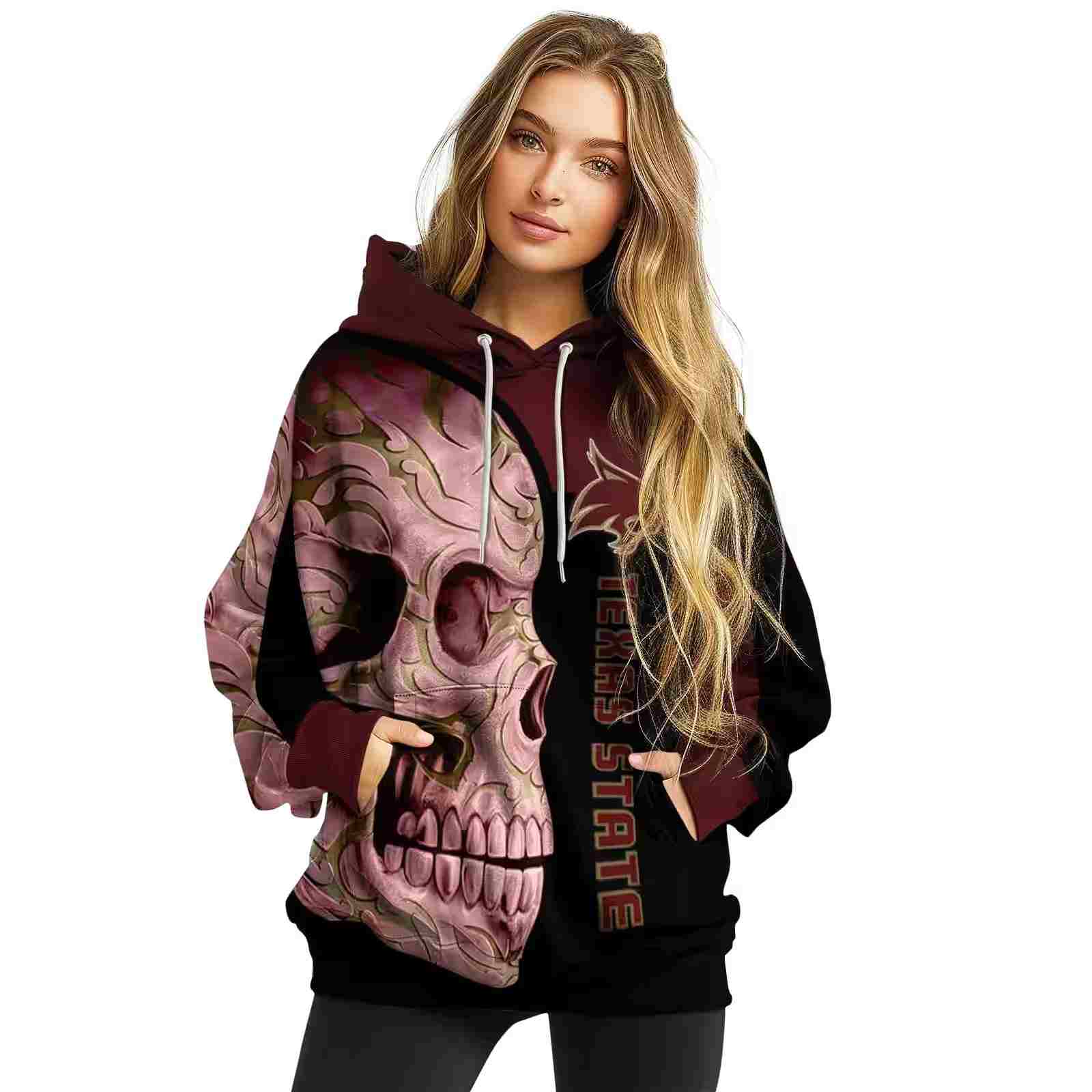 texas state bobcats skull motif maroon black hoodie high quality