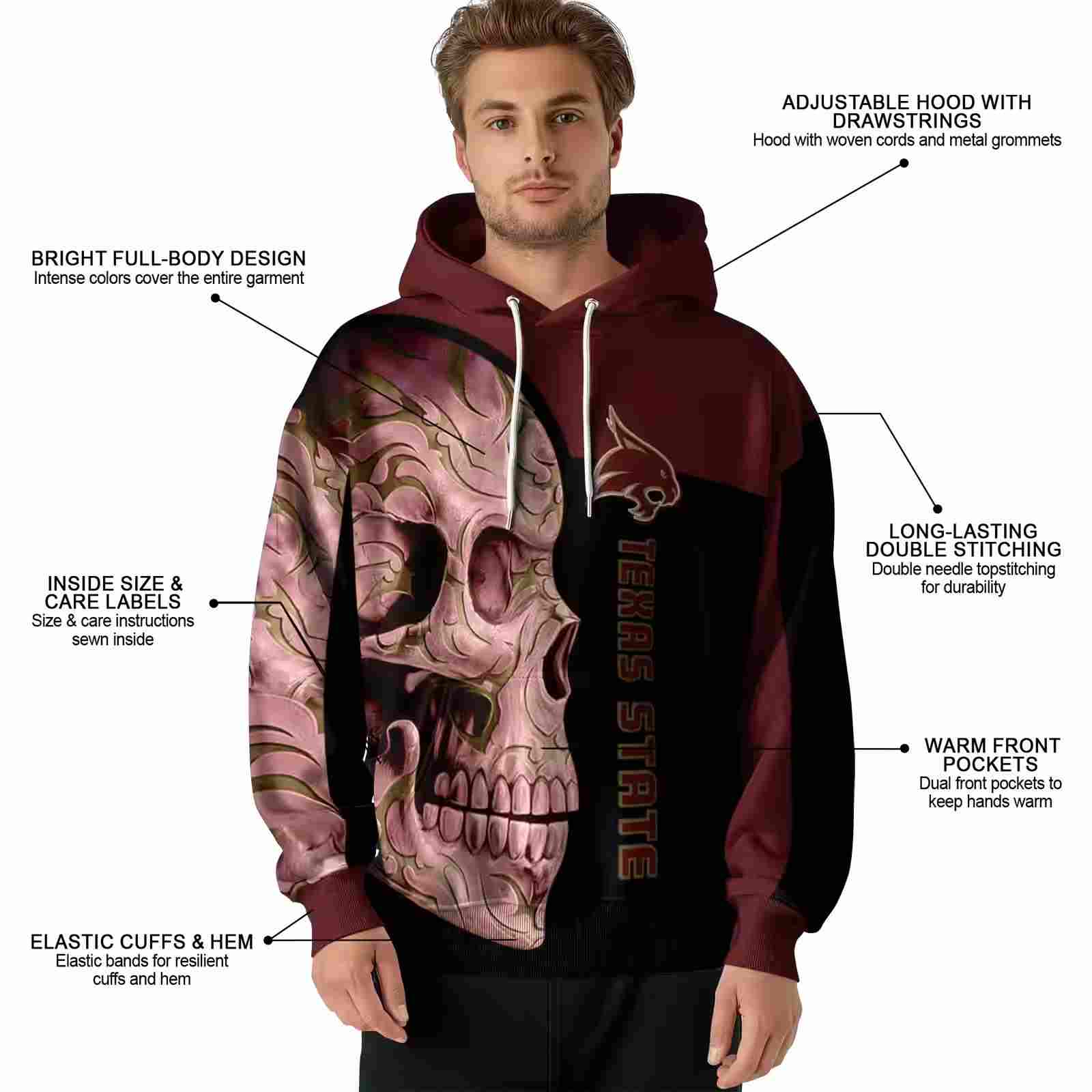 texas state bobcats skull motif maroon black hoodie latest model