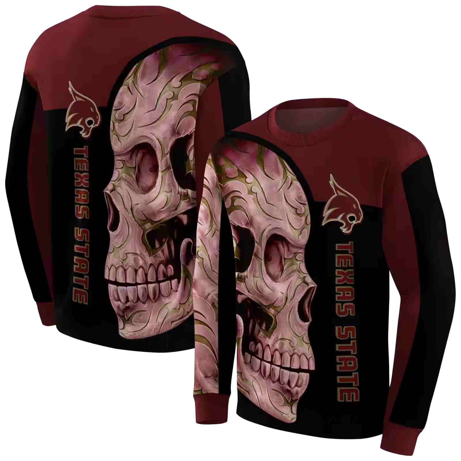 texas state bobcats skull motif maroon black hoodie premium grade