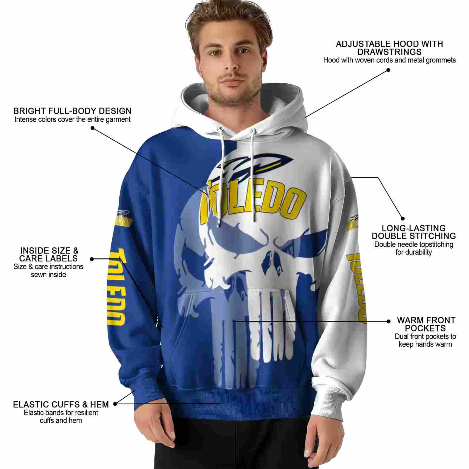 toledo rockets graphic punisher blue white hoodie latest model