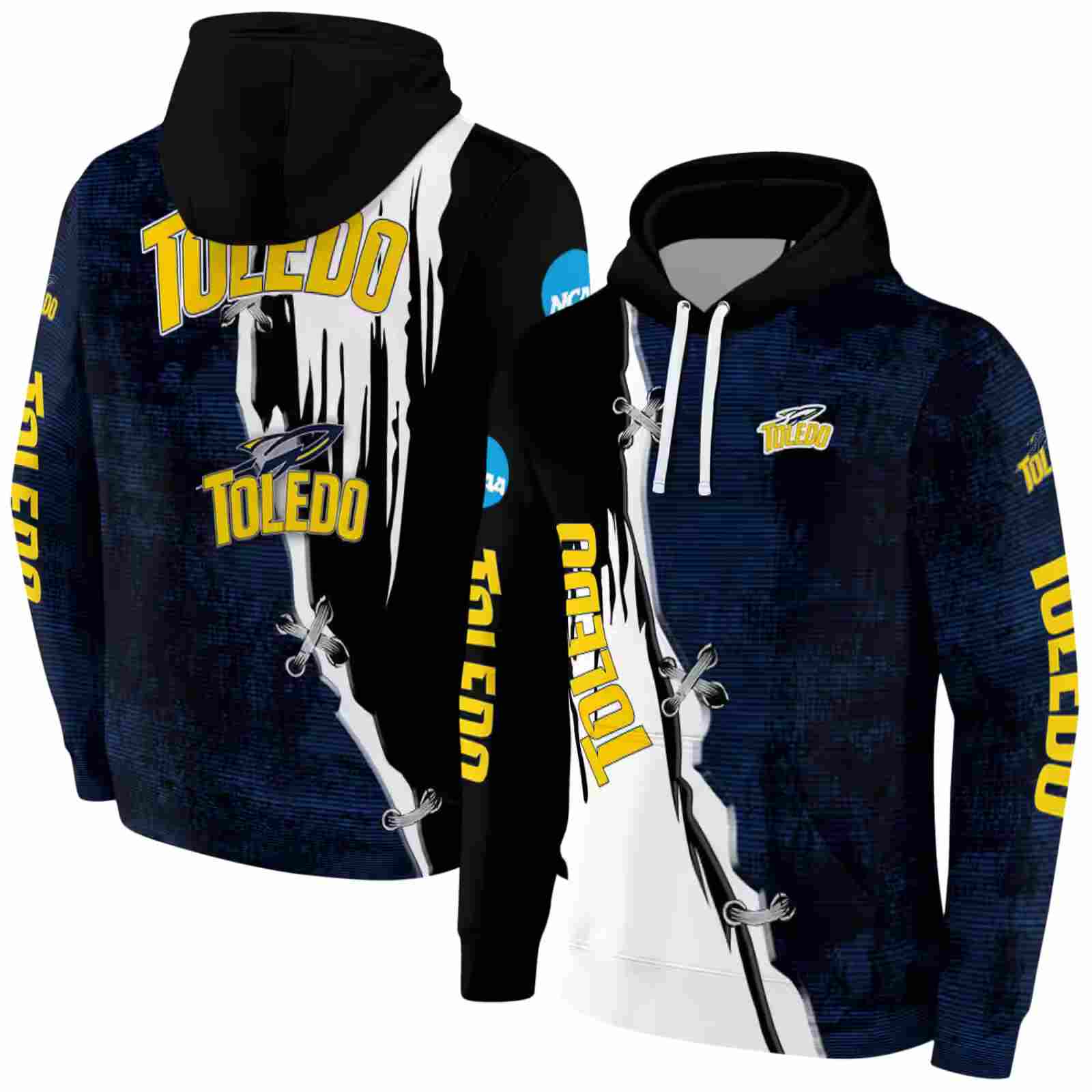 toledo rockets ripped pattern blue black white hoodie fashion forward