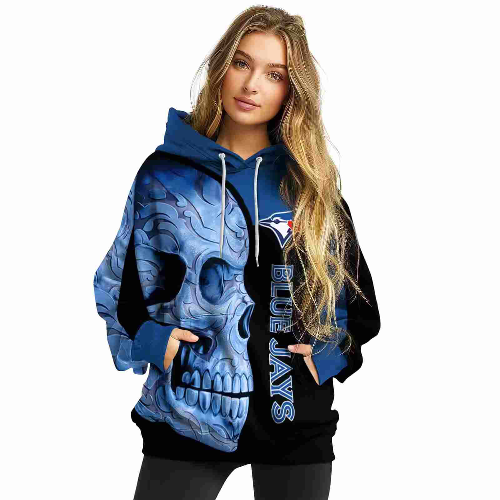 toronto blue jays skull motif blue black hoodie high quality