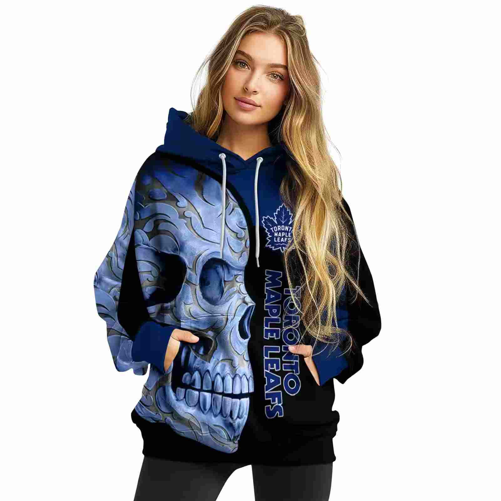 toronto maple leafs skull motif blue black hoodie high quality