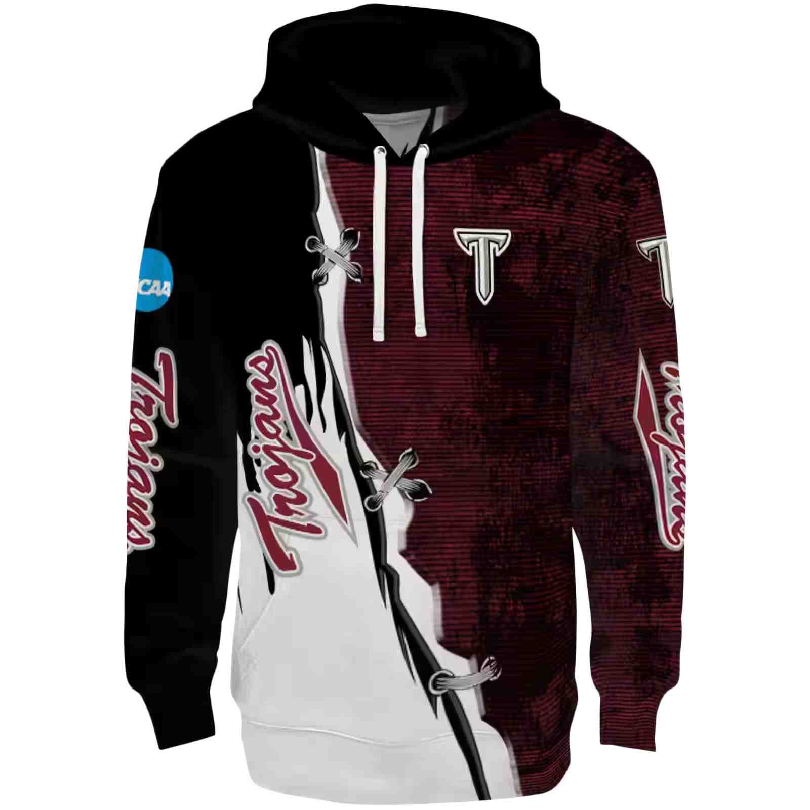 Troy Trojans Ripped Pattern Red Black White Hoodie