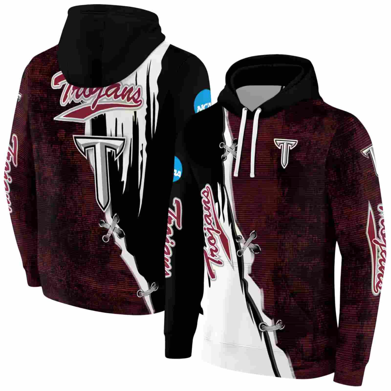 troy trojans ripped pattern red black white hoodie fashion forward
