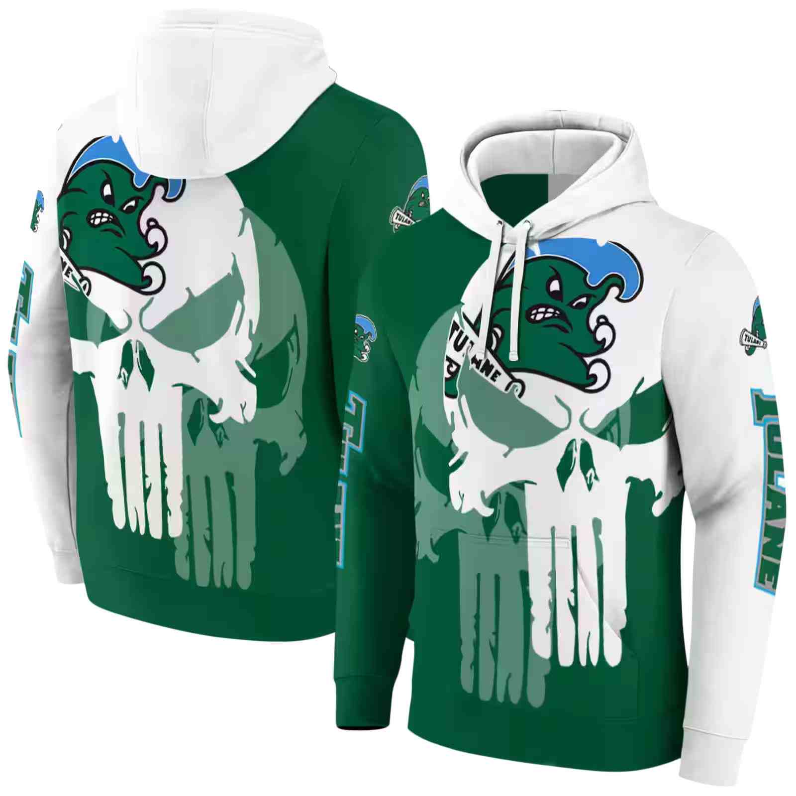 tulane green wave graphic punisher green white hoodie fashion forward