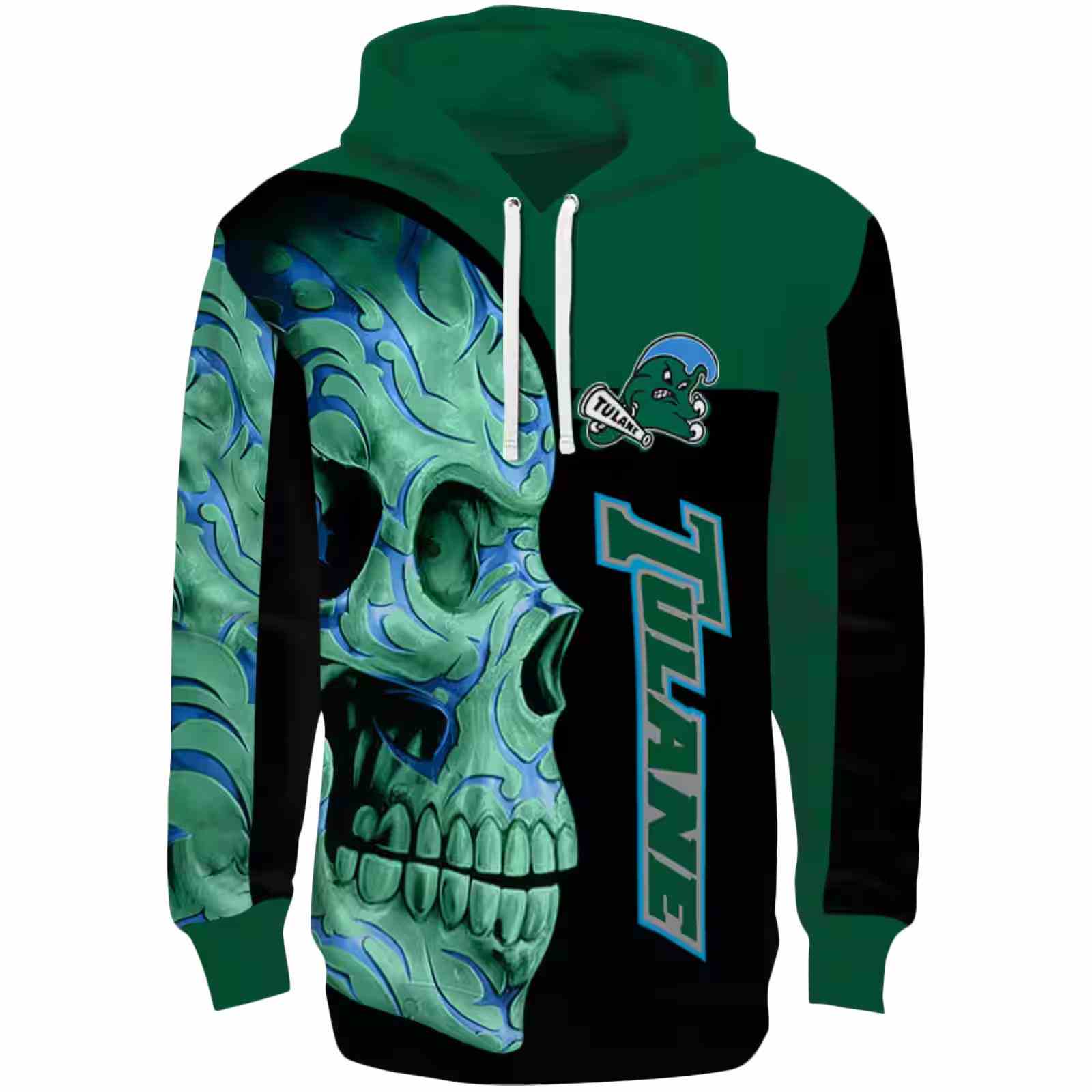 Tulane Green Wave Skull Motif Green Black Hoodie