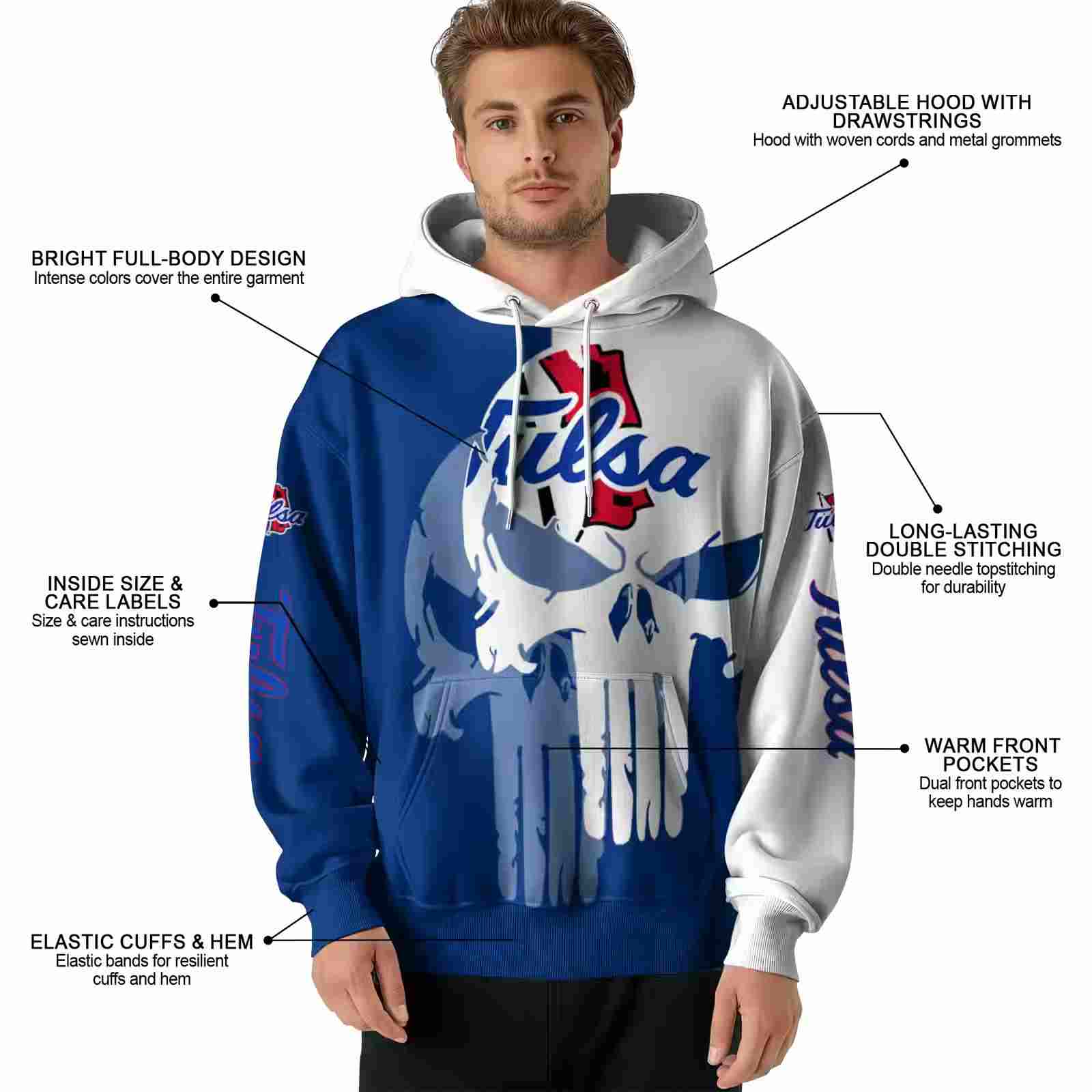 tulsa golden hurricane graphic punisher blue white hoodie latest model