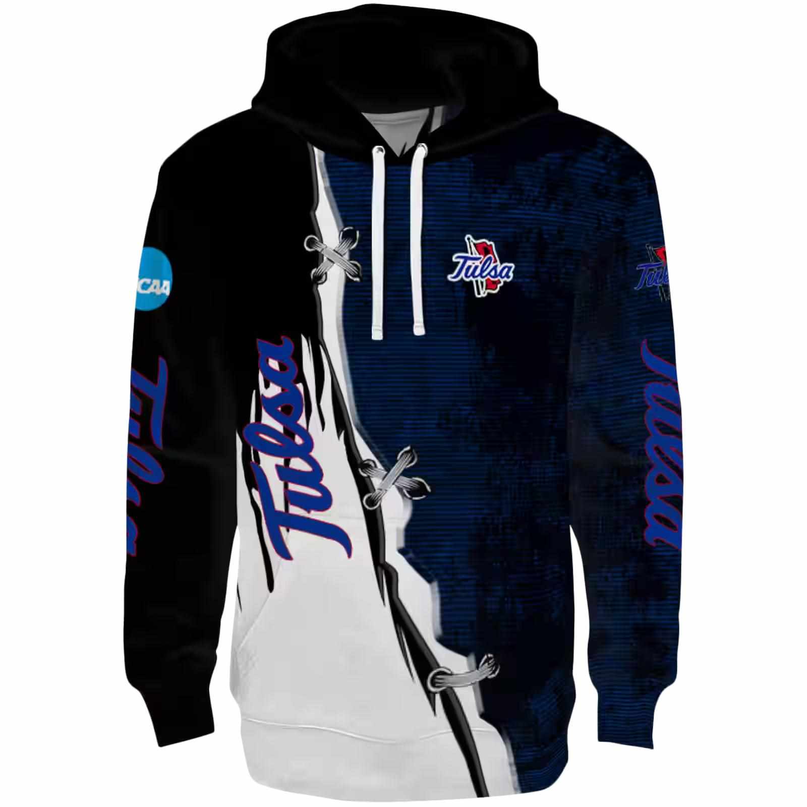 Tulsa Golden Hurricane Ripped Pattern Blue Black White Hoodie