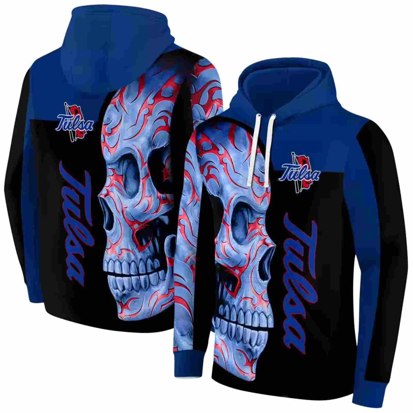 tulsa golden hurricane skull motif blue black hoodie fashion forward