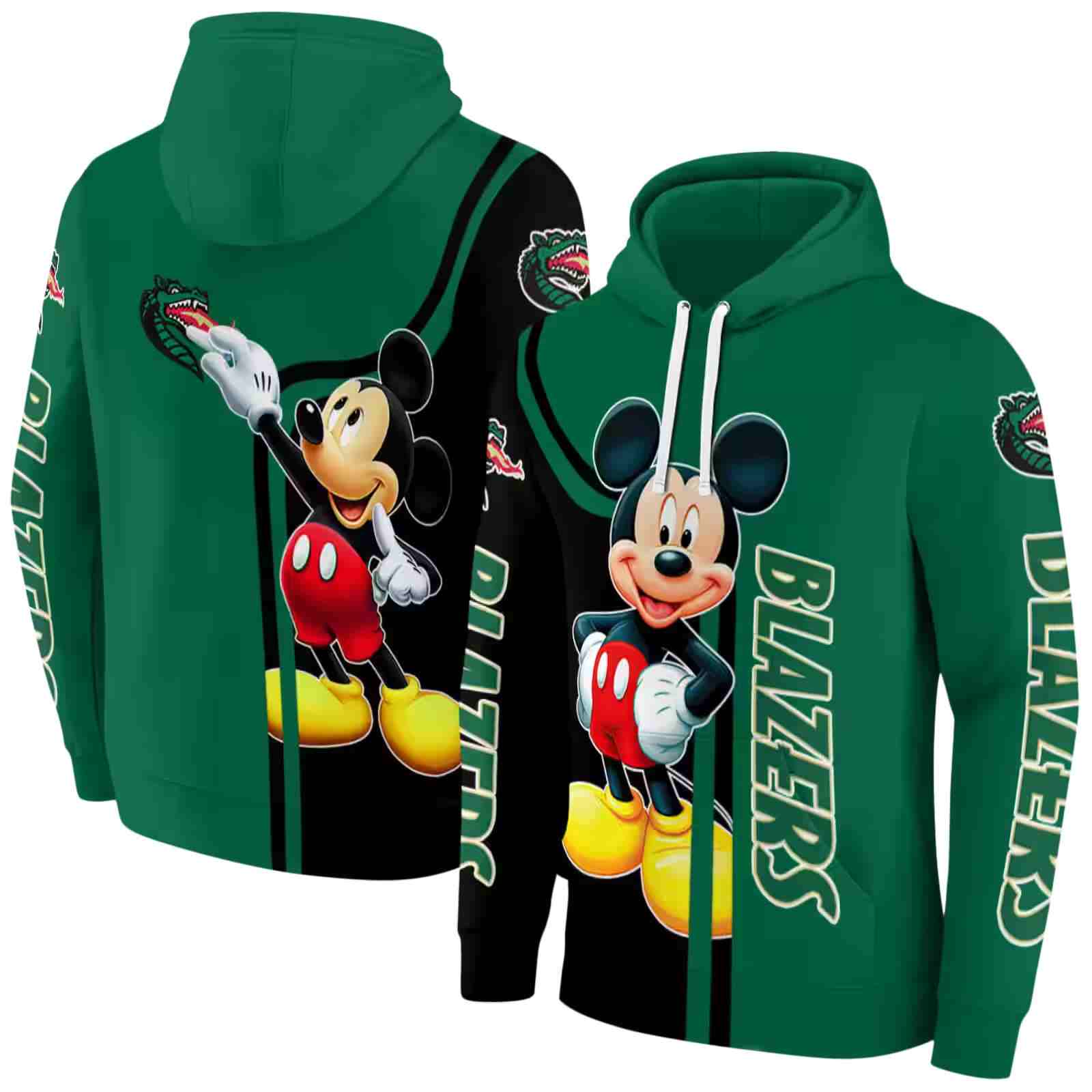 uab blazers mickey mouse green black hoodie fashion forward