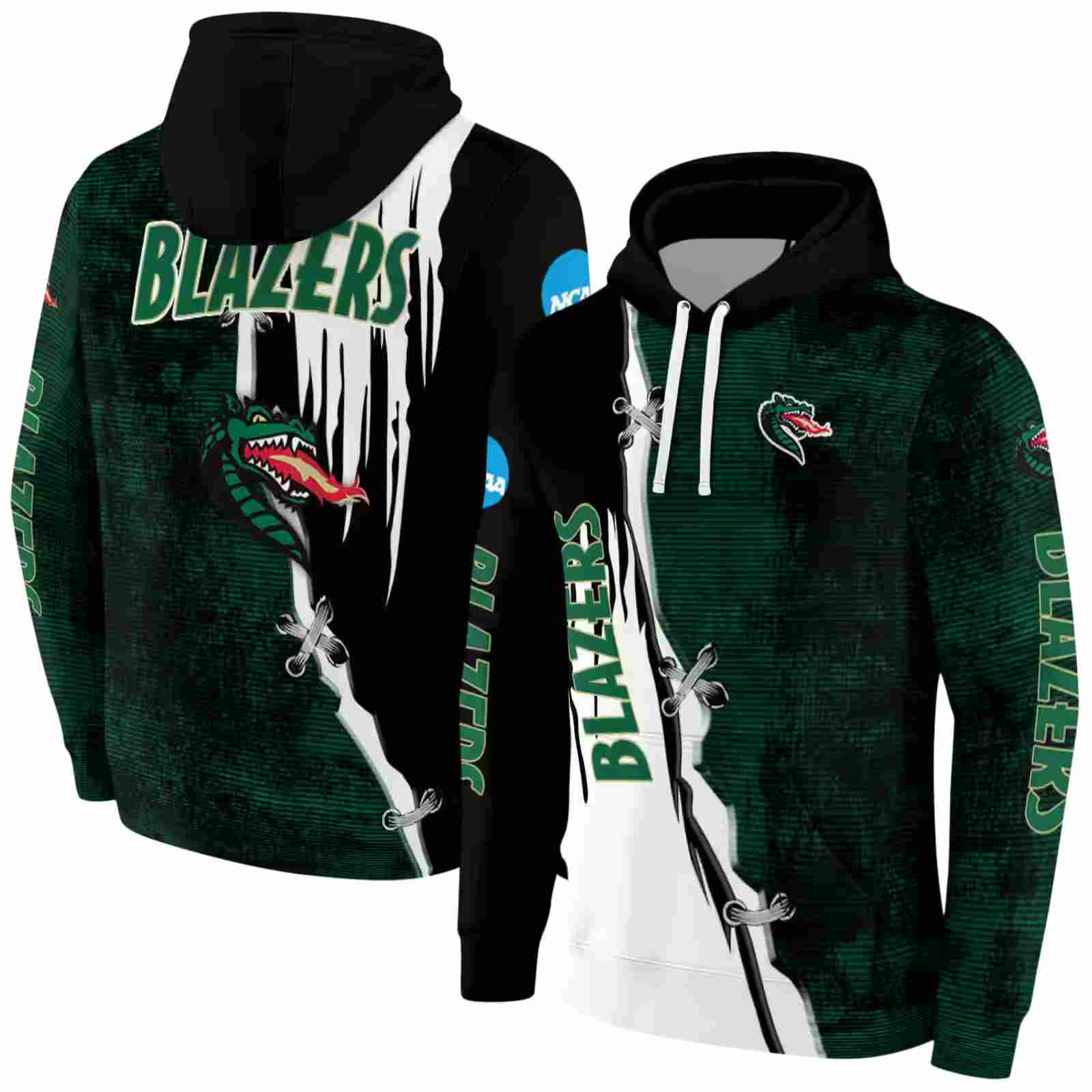 uab blazers ripped pattern green black white hoodie fashion forward