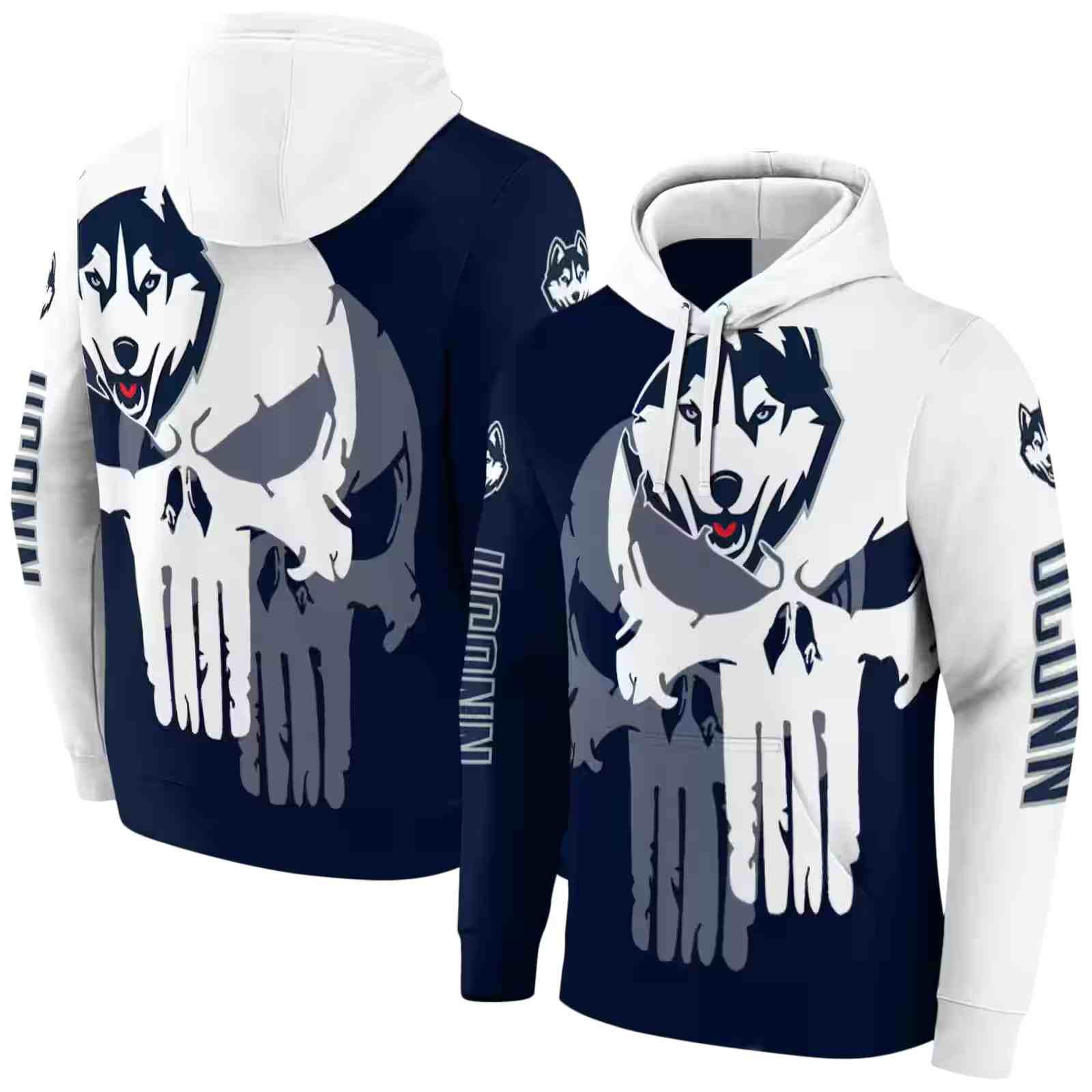 uconn huskies graphic punisher blue white hoodie fashion forward